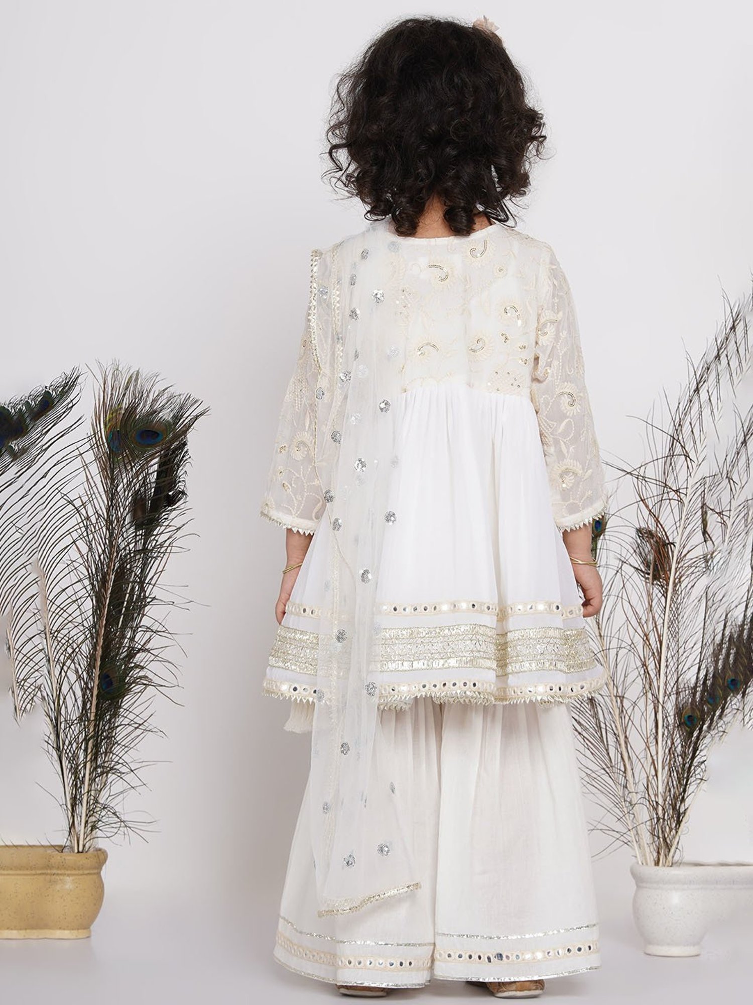 Little Bansi White Embellished 1 Kurta, 1 Sharara & 1 Dupatta