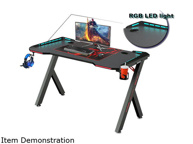 47inch Gaming Desk-game computer desk with LED lighting, cup holderand Headphone Hook,Black