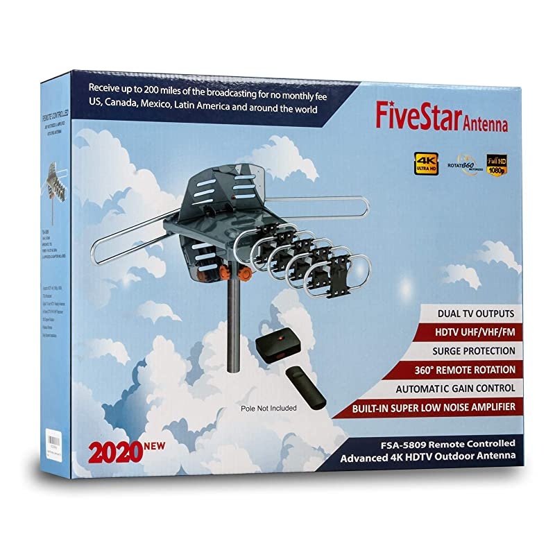 Newest 2020 HDTV Antenna Amplified Digital Outdoor Antenna 150 Miles Range 360 Degree Rotation Wireless Remote with 40FT Coax Cable Installation Kit and Mounting Pole 5 TVs