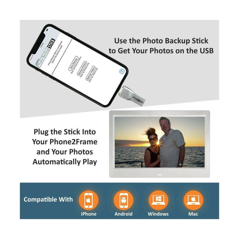 Phone2Frame 10 Inch Digital Picture Frame with Photo Backup Stick Universal U...