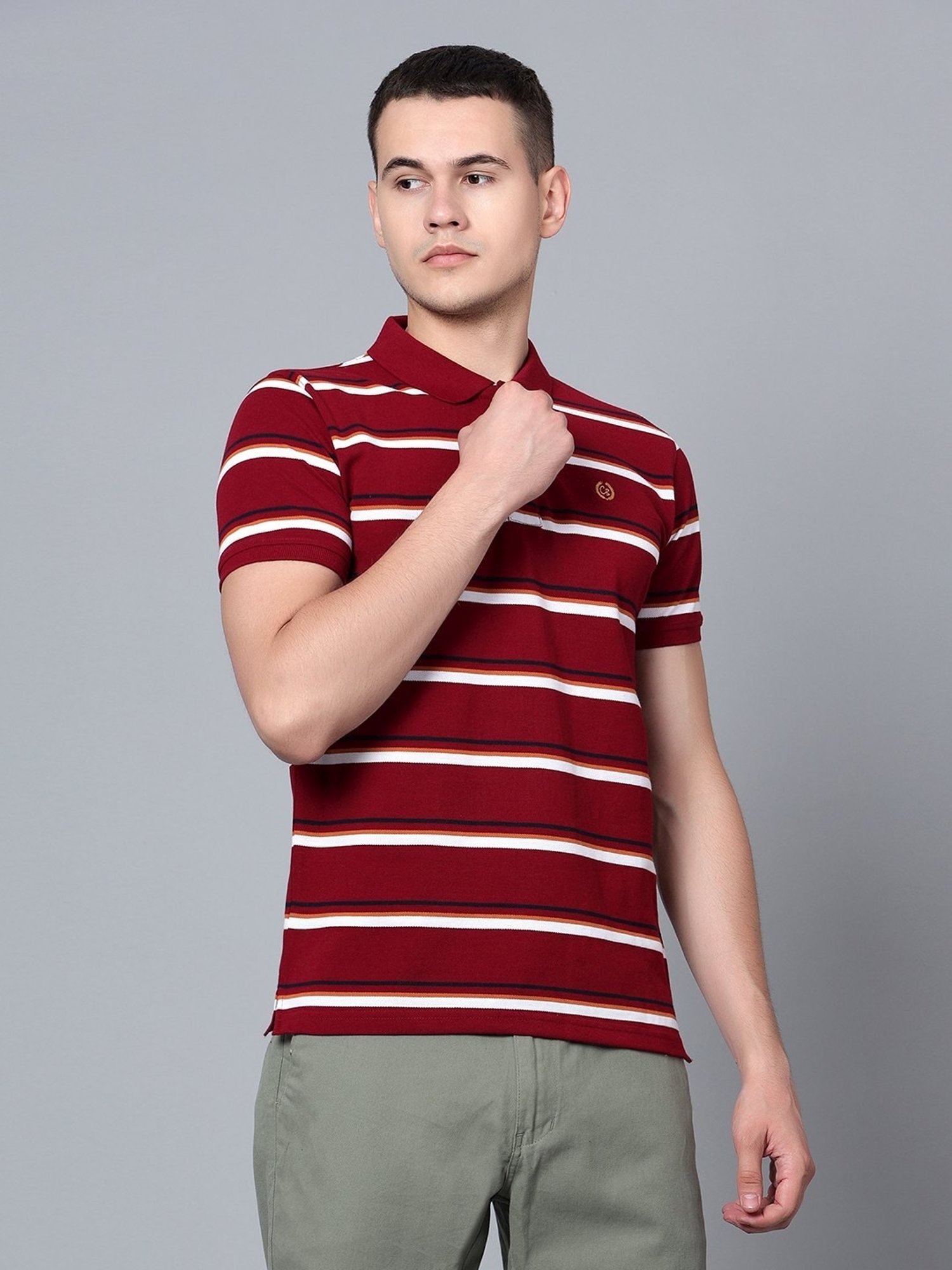 Cantabil Maroon Cotton Regular Fit Striped Polo T-Shirt