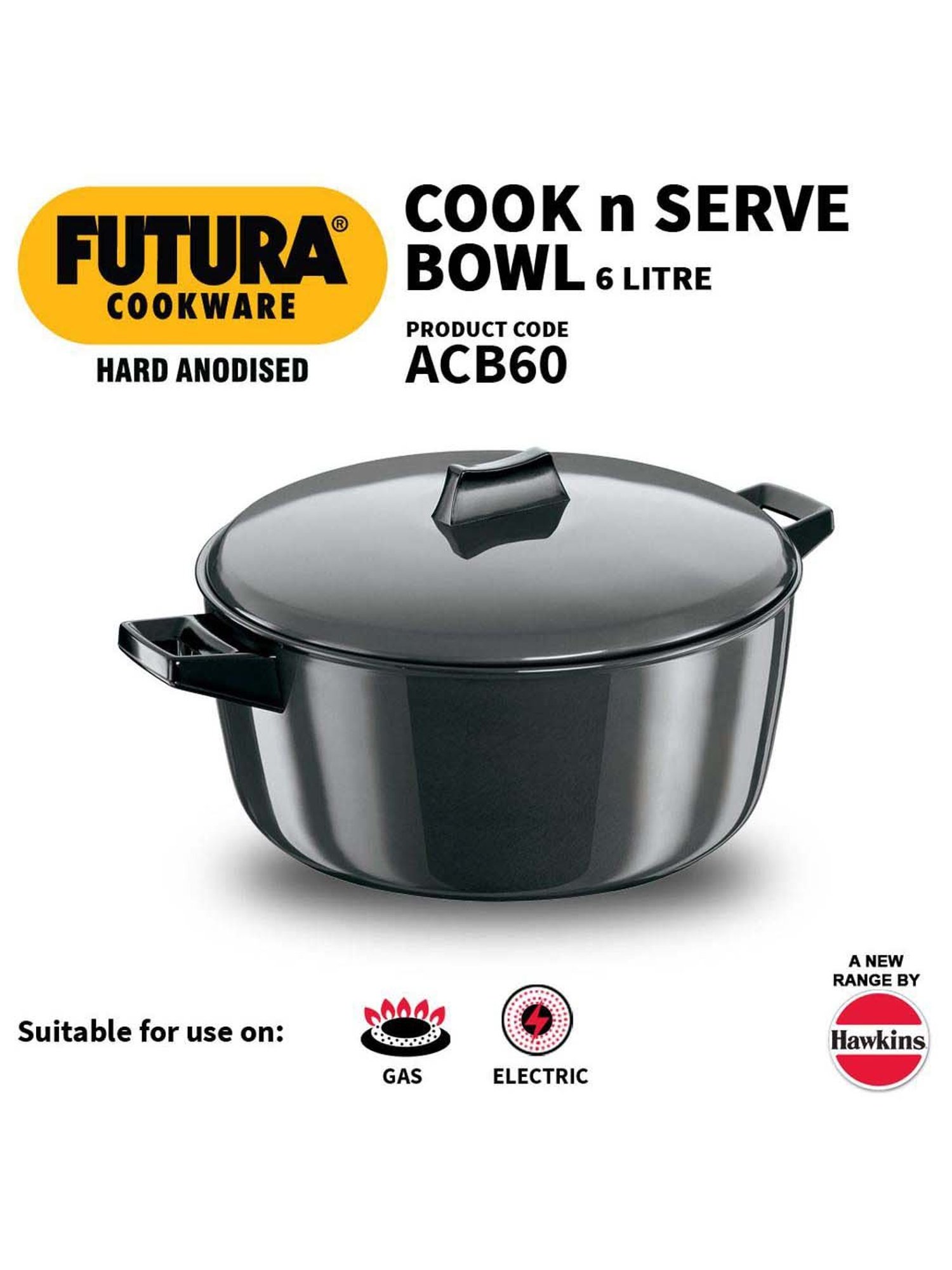 Hawkins Futura Black Hard Anodised 27 cm Cook-n-Serve Bowl with Hard Anodised Lid, 6 L