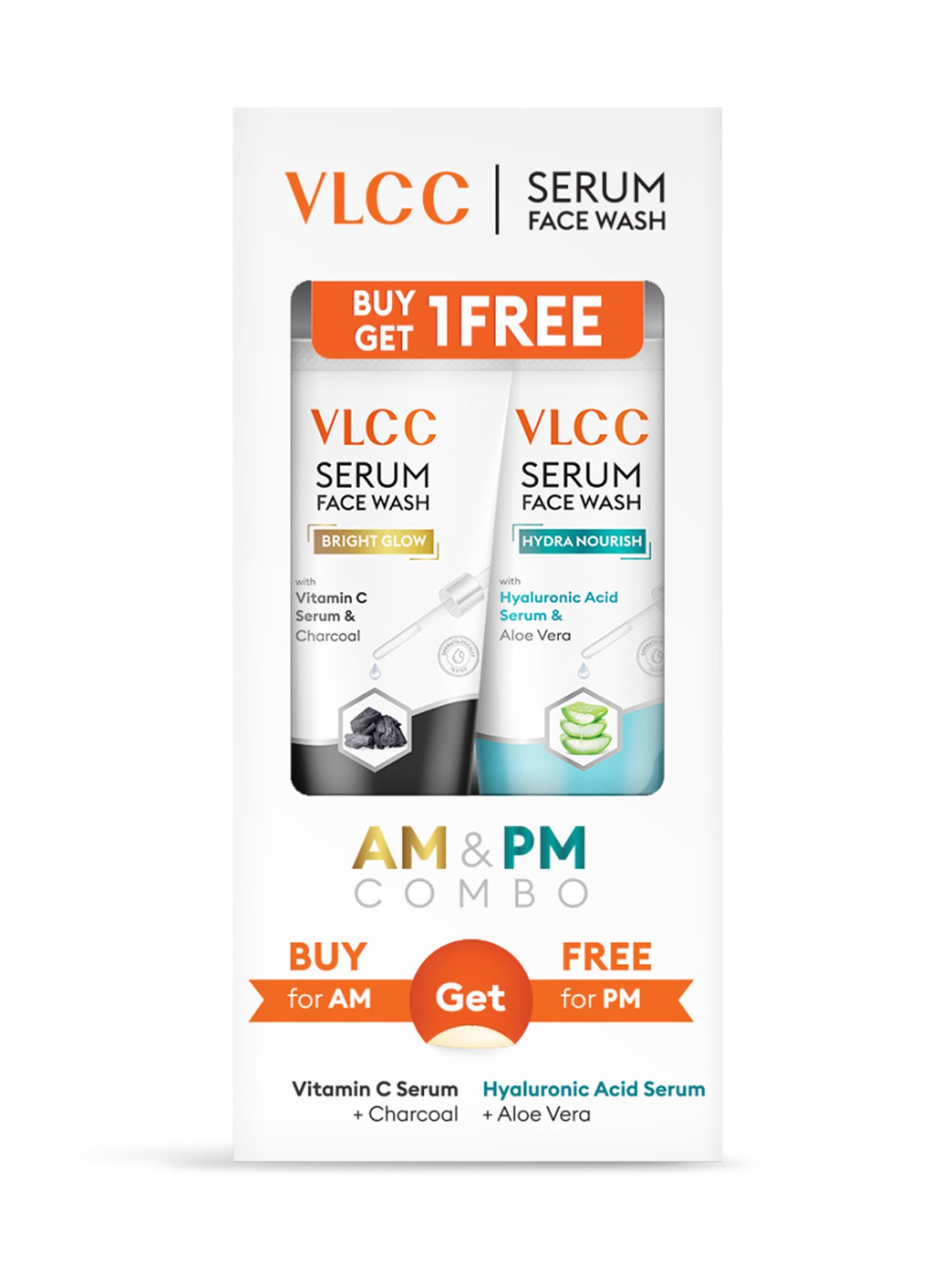 VLCC Bright Glow Charcoal for AM & Hydra Nourish Aloe Vera for PM Face Wash Combo