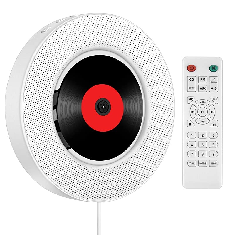 CD Player with Bluetooth, Wall Mountable CD Music Player Home Audio Boombox with Remote Control FM Radio Built-in HiFi Speakers, MP3 Headphone Jack AUX Input Output with Pull Switch