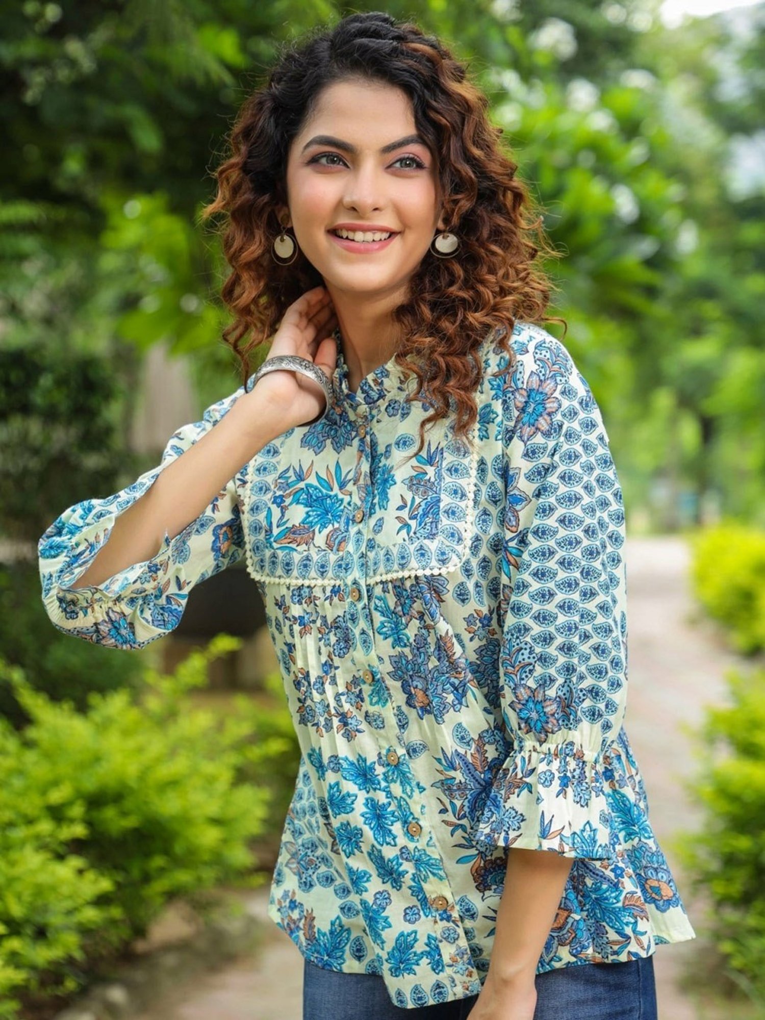Rain and Rainbow Blue Cotton Floral Print Top
