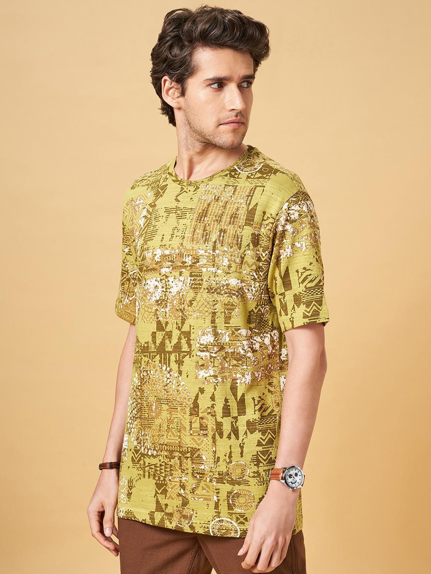 7 Alt by Pantaloons Olive Green Cotton Regular Fit Printed T-Shirt