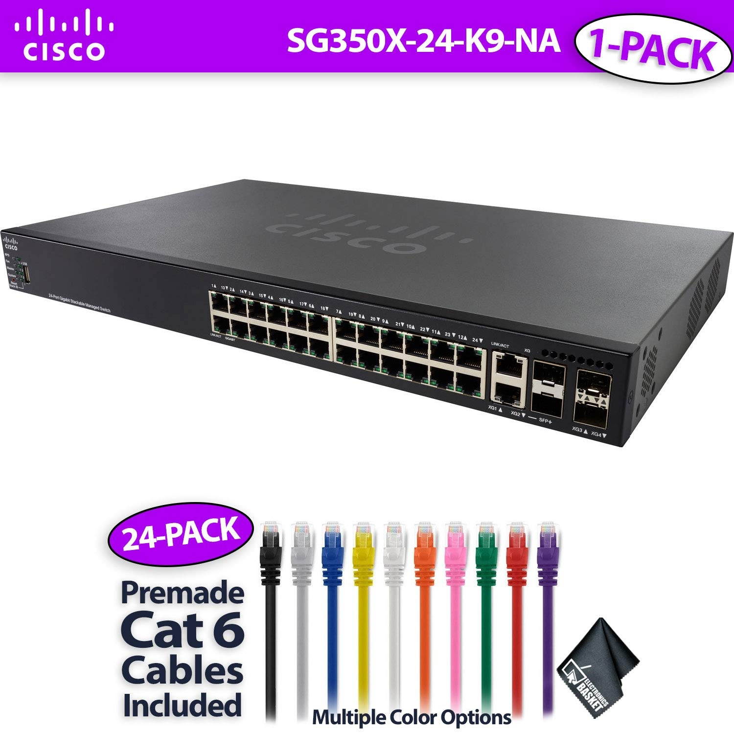 Cisco SG350X-24P 24-Port Gigabit Stackable Managed Switch + 24 x 6-Inch Cat6 Cables (Gray)