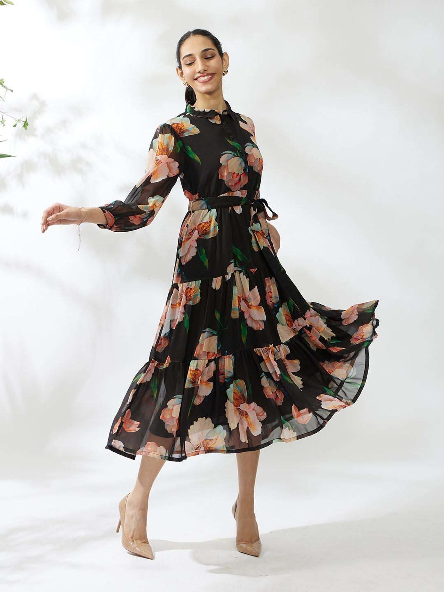 Daali Black Floral Print A-Line Dress