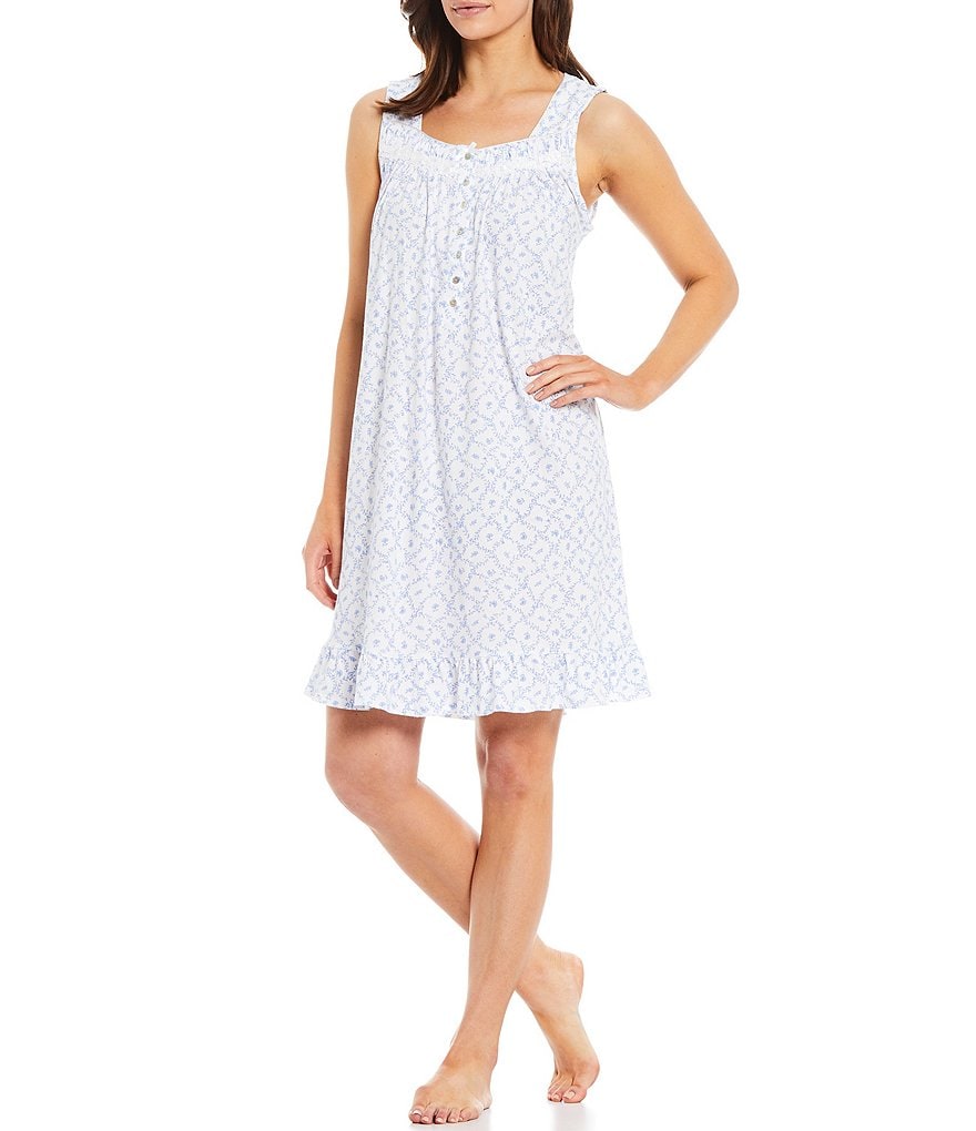 Miss Elaine Petite Silky Knit Square Neck Short Sleeve Checked Print Short Nightgown