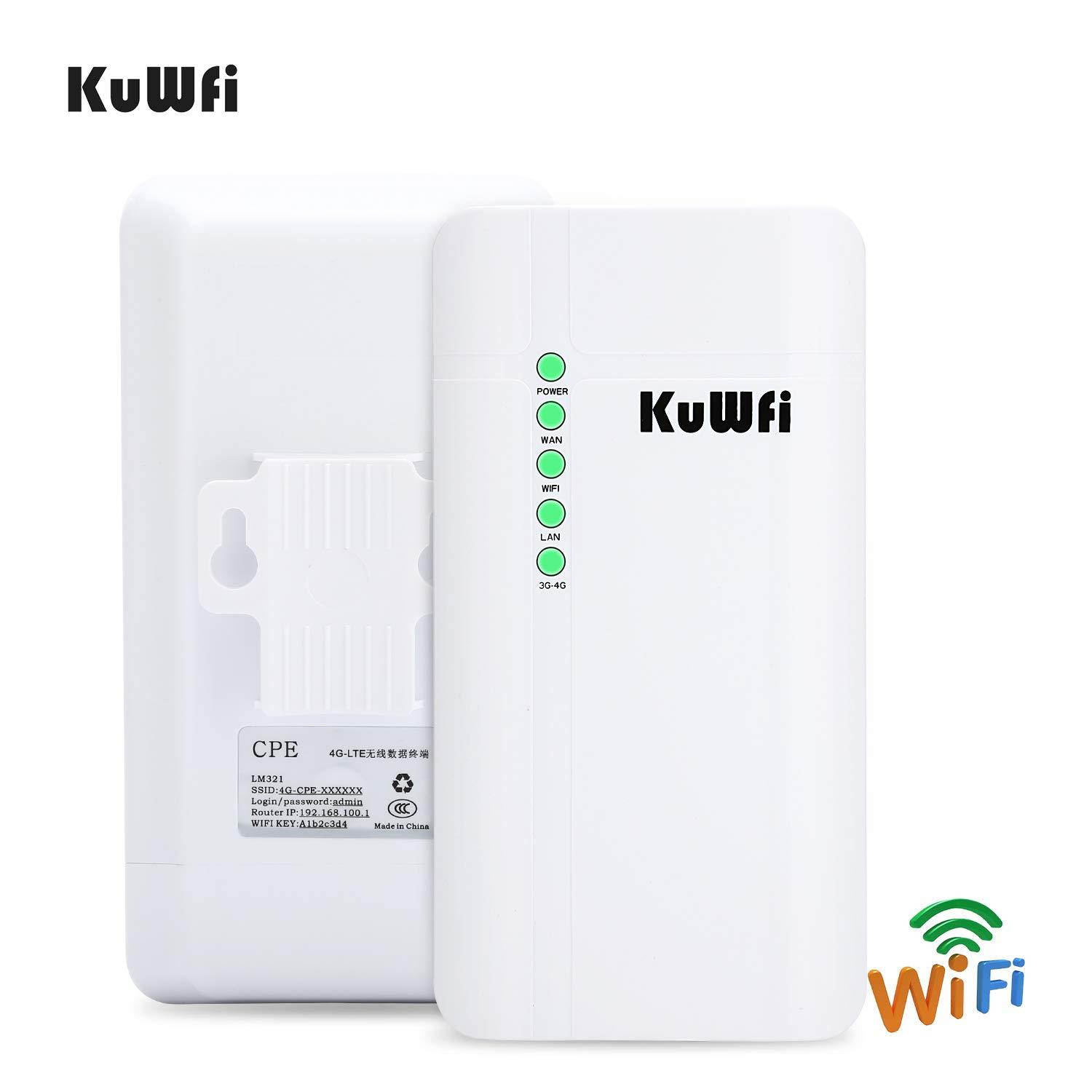 KuWFi Outdoor 4G LTE CPE WiFi Router with Sim Card Slot 150Mbps CAT4 SIM Routers for Home/Office use Easy Setu Up to 32 Users Work with IPcamera or Outside WiFi Coverage (US Version B2/B4/B5/B7)