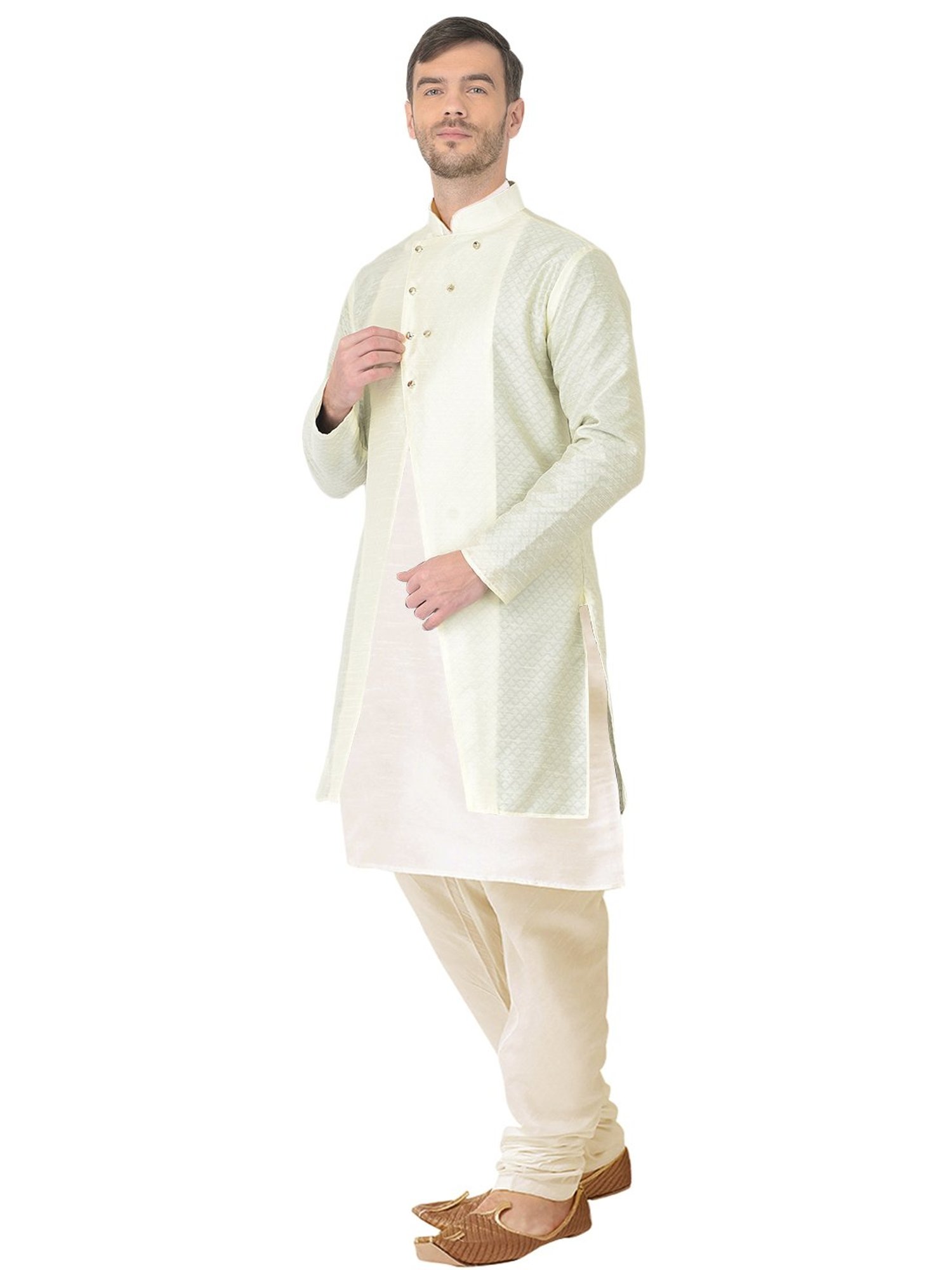 SG RAJASAHAB Cream Regular Fit Self Pattern Kurta Set