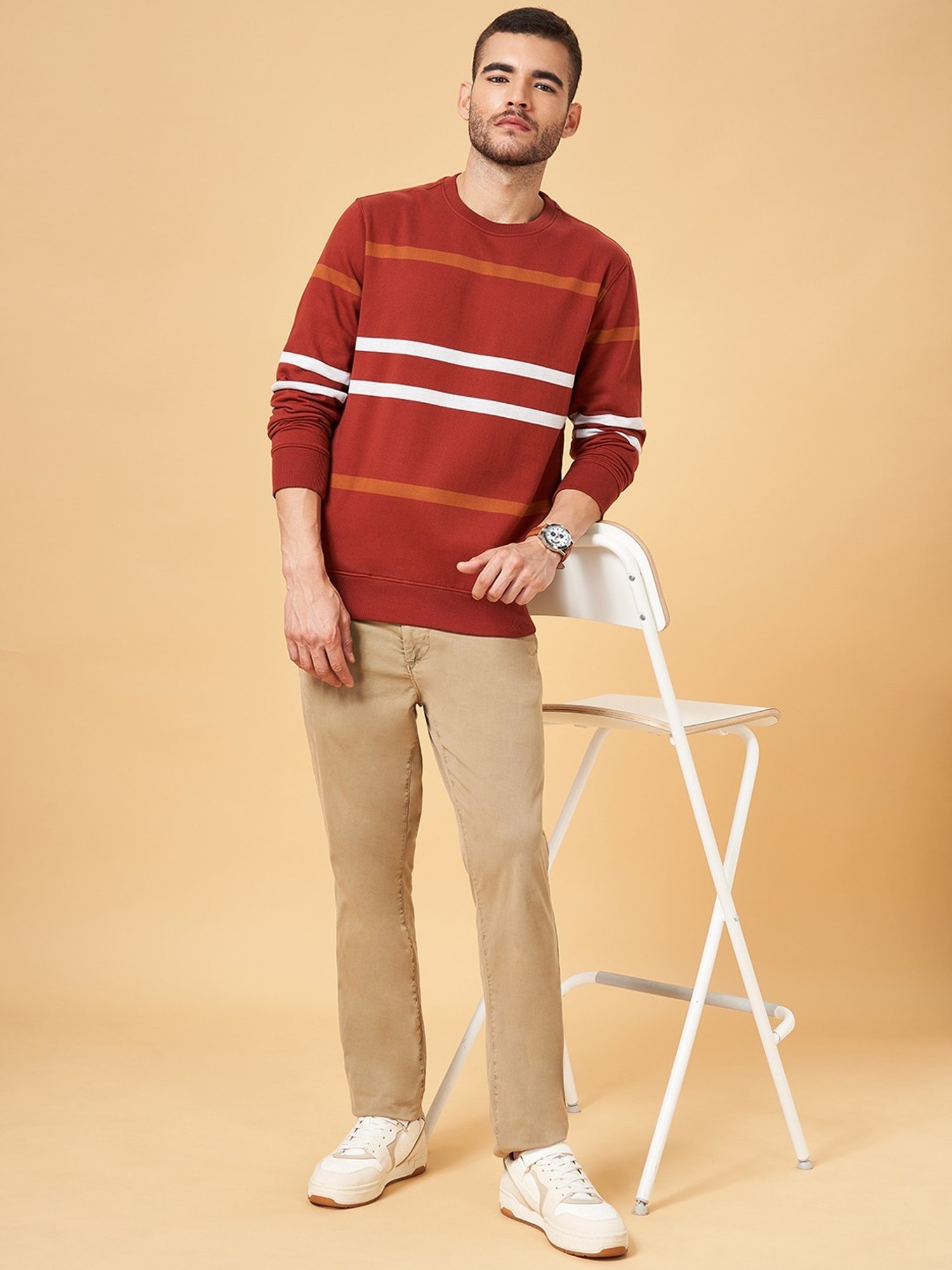 Urban Ranger by Pantaloons Mid Rust Regular Fit Striped Sweatshirt