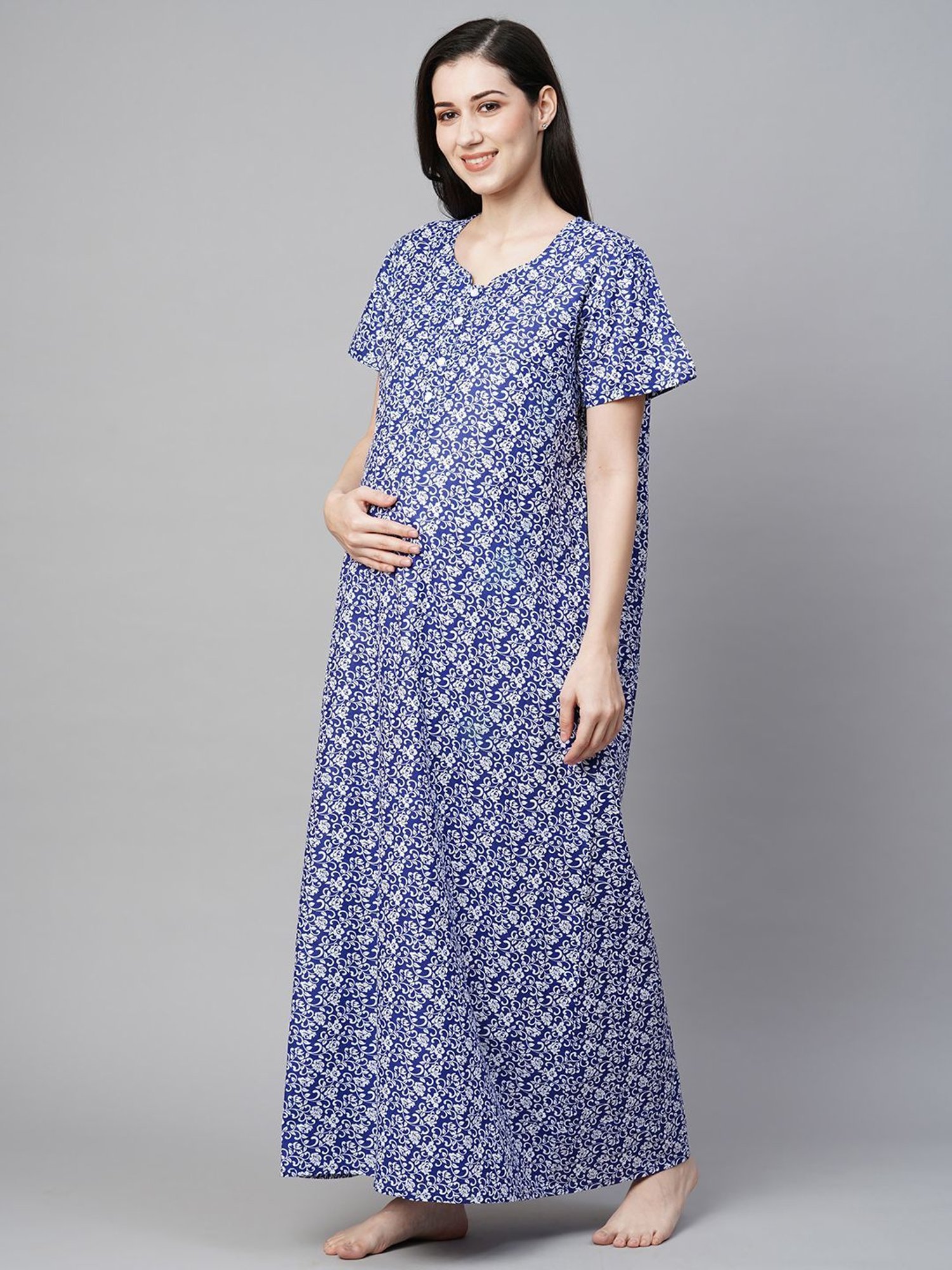 MomToBe Blue Cotton Printed Feeding Nighty