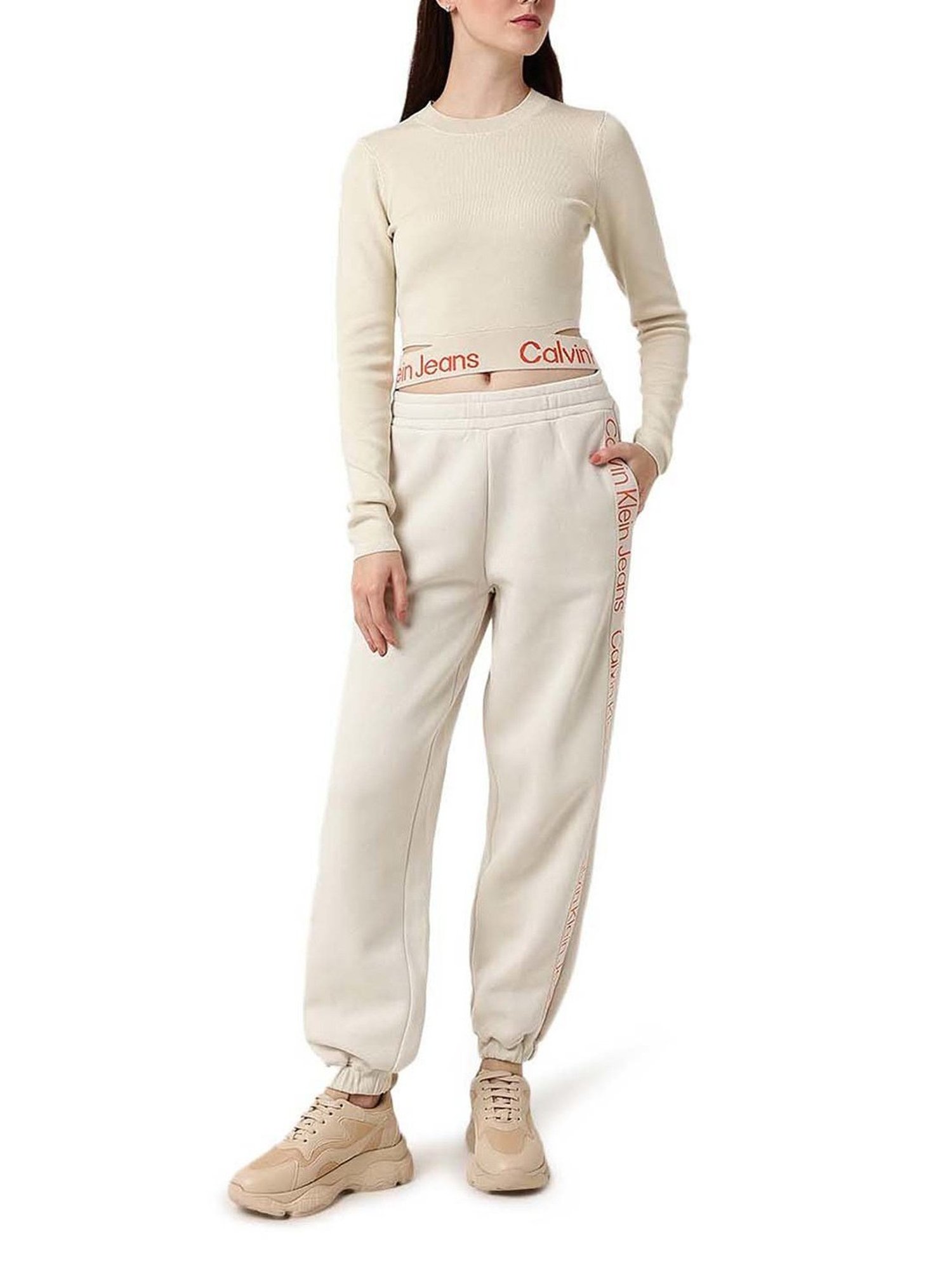 Calvin Klein Jeans Eggshell & Coral Orange Logo Comfort Fit Sweater