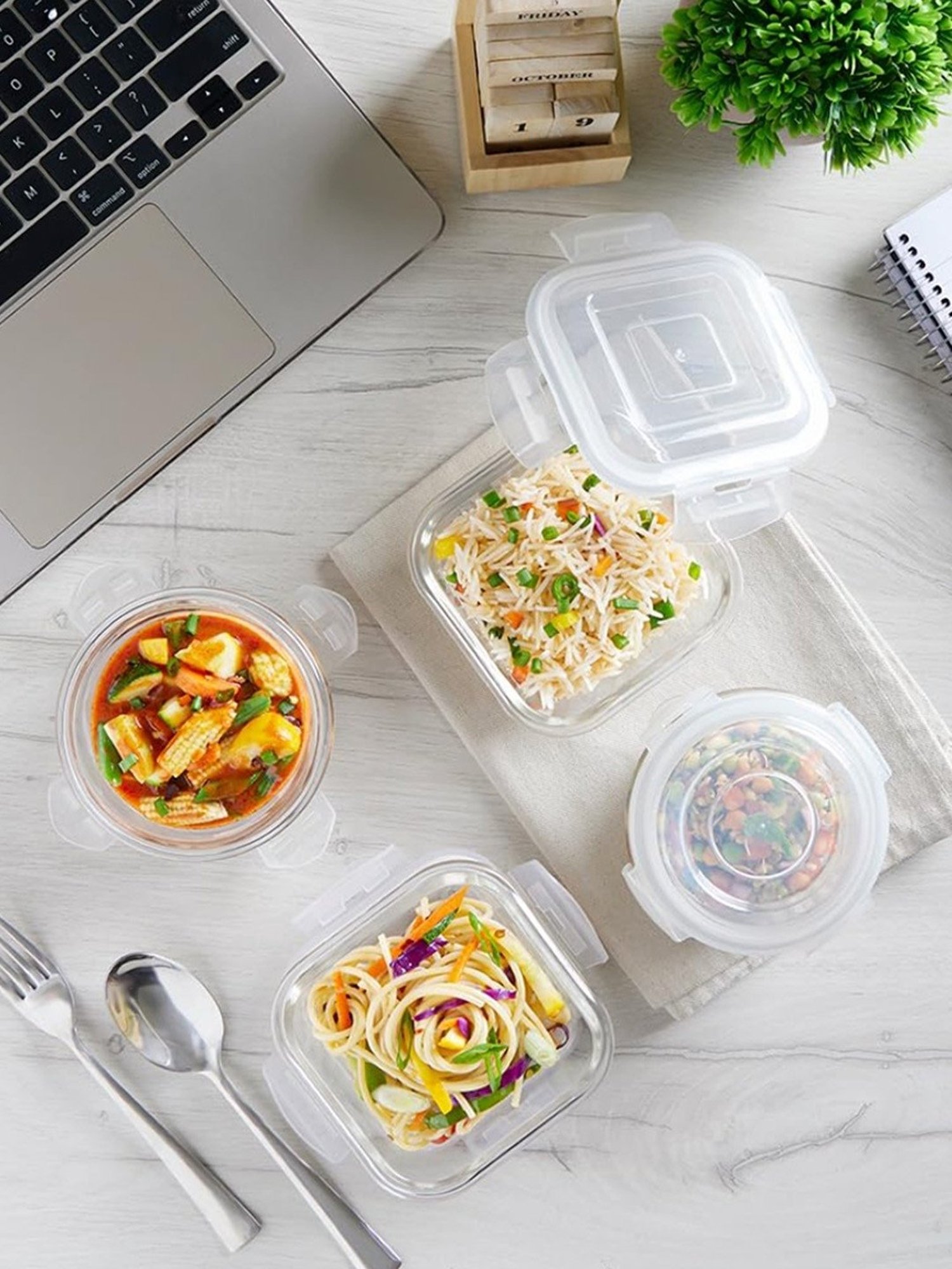 Borosil Glass Daisy Tiffin Box with Microwave Safe Set of 4 (Green , 320 ml)