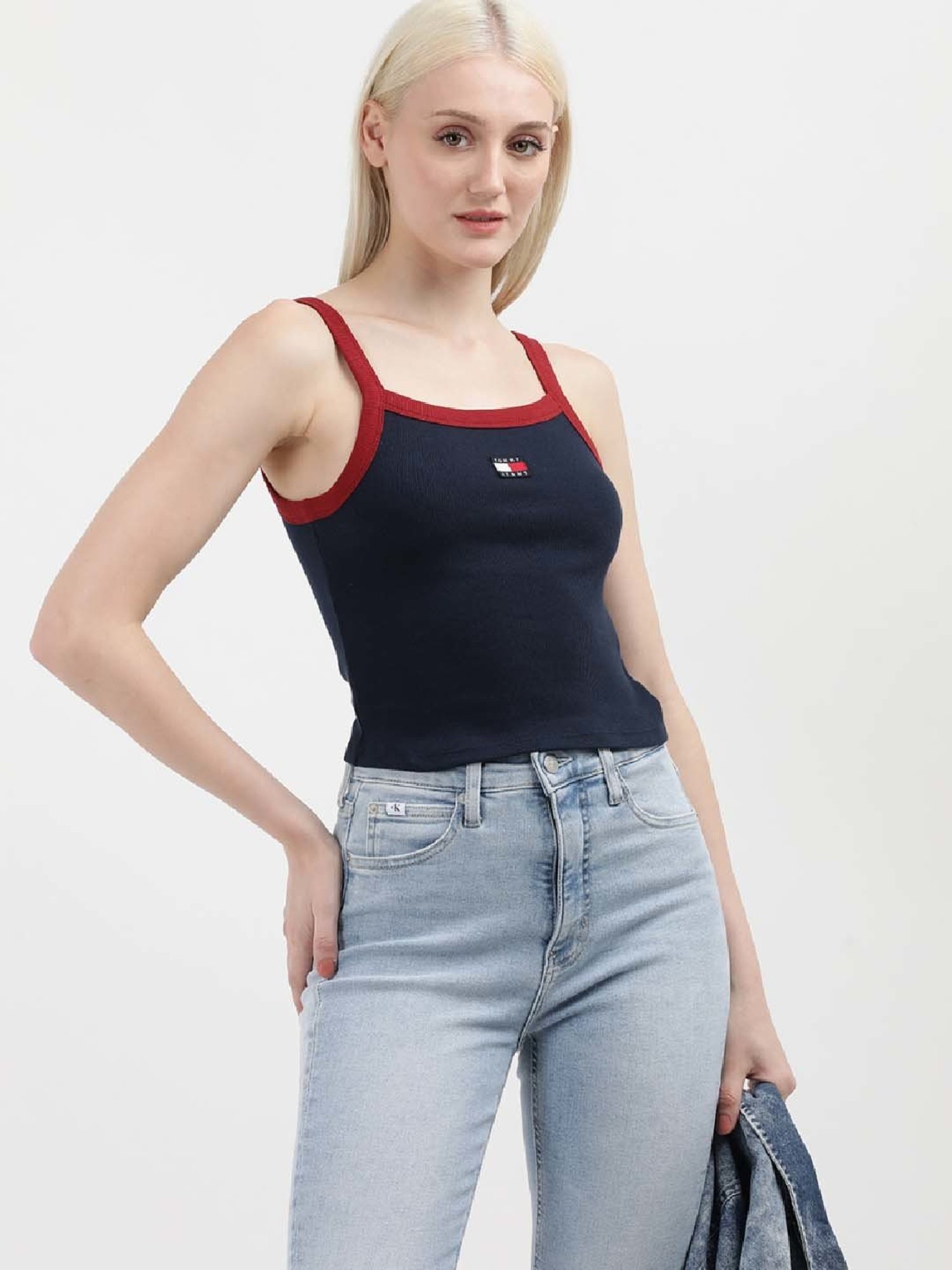 TOMMY HILFIGER Navy Cotton Logo Patch Work Top