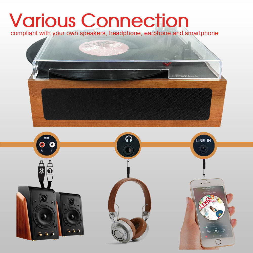 LP&No.1 Vintage Vinyl Record Player with Stereo Speakers,3 Speed Turntable, Light Brown