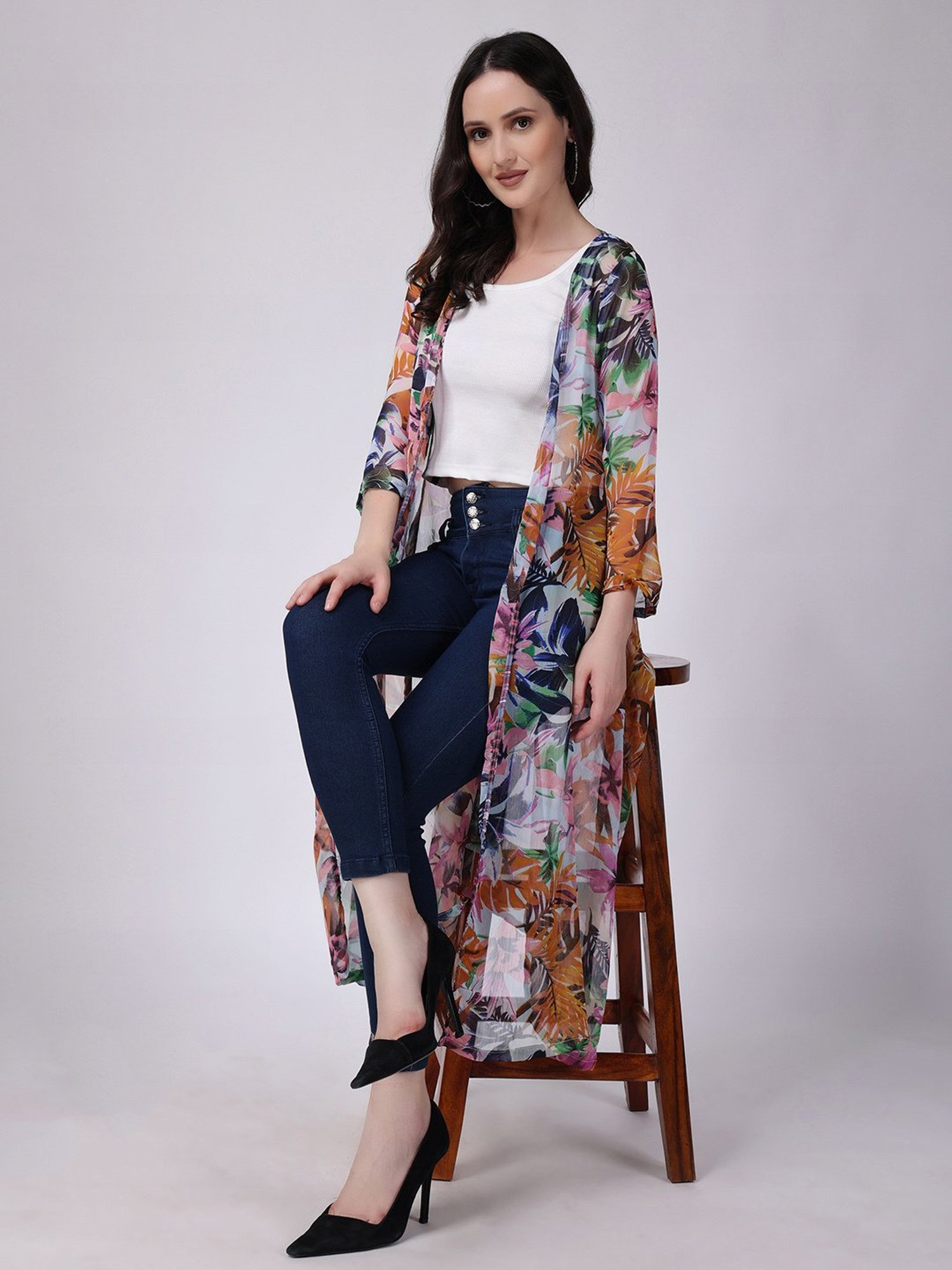 Scorpius Multicolor Floral Print Long Shrug
