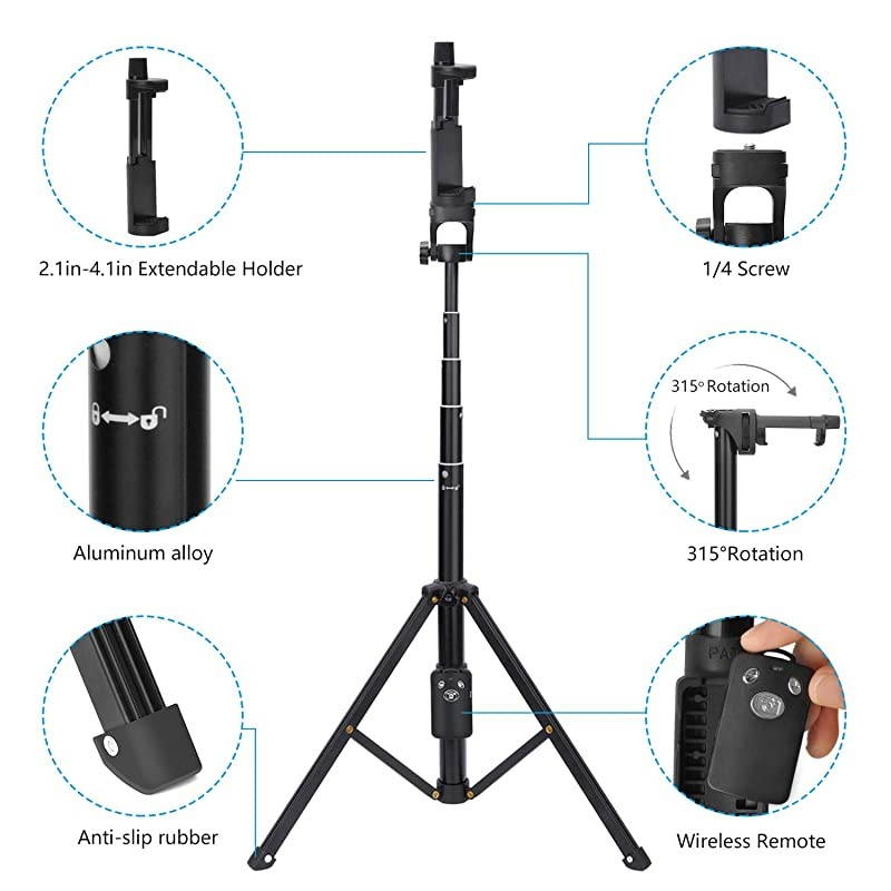Stick Tripod,54" Extendable Tripod Stand with Cell Phone Mount Holder & Rechargeable Wireless Remote,Lightweight, Compatible with iPhone & Android Phone,Camera,Gopro