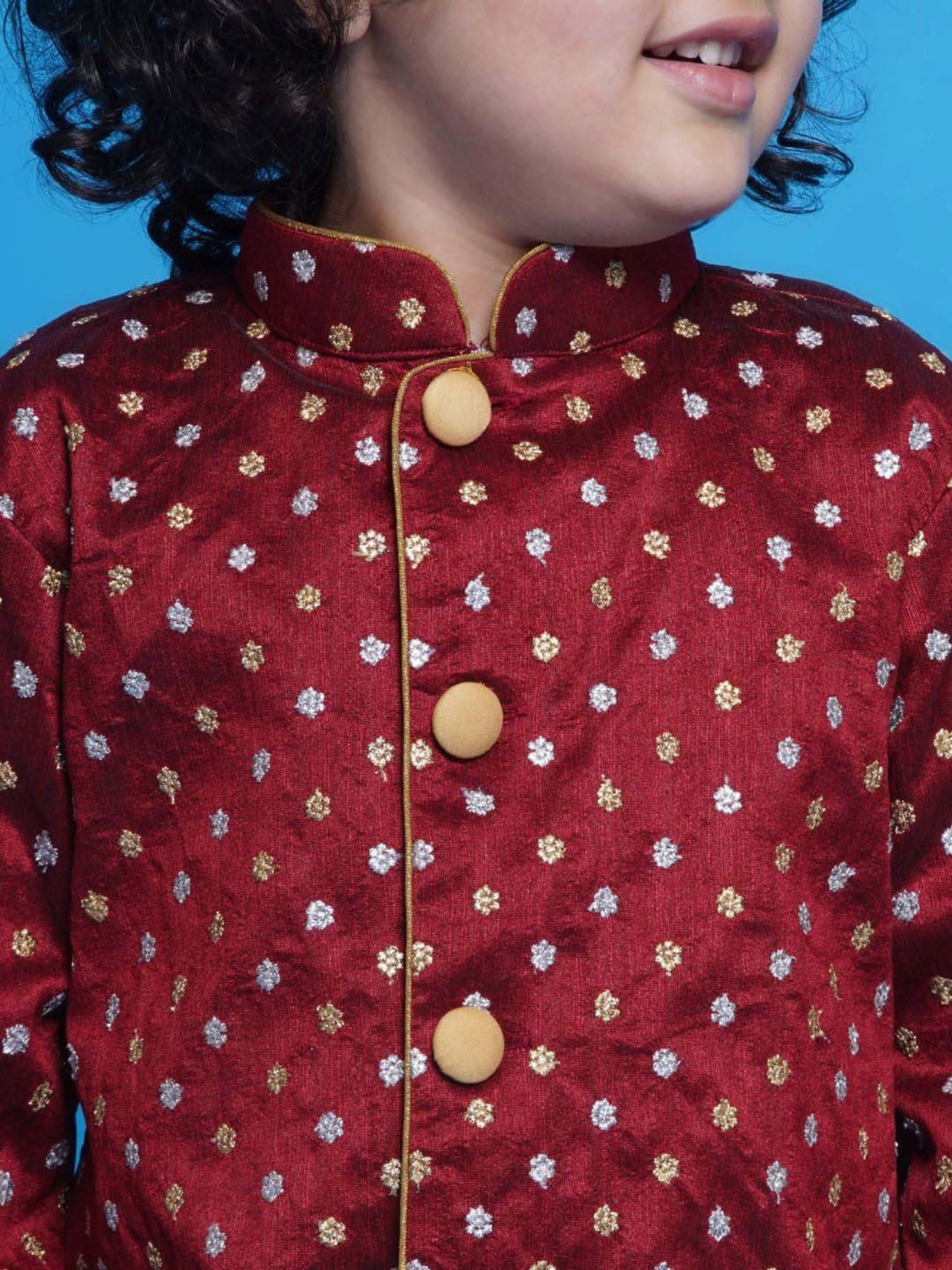 Little Bansi Boys Maroon Embroidery Full Sleeves Kurta Set
