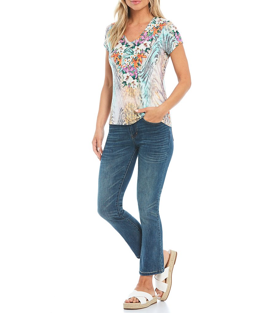 Reba Studded Mix Print V-Neck Short Sleeve Tee