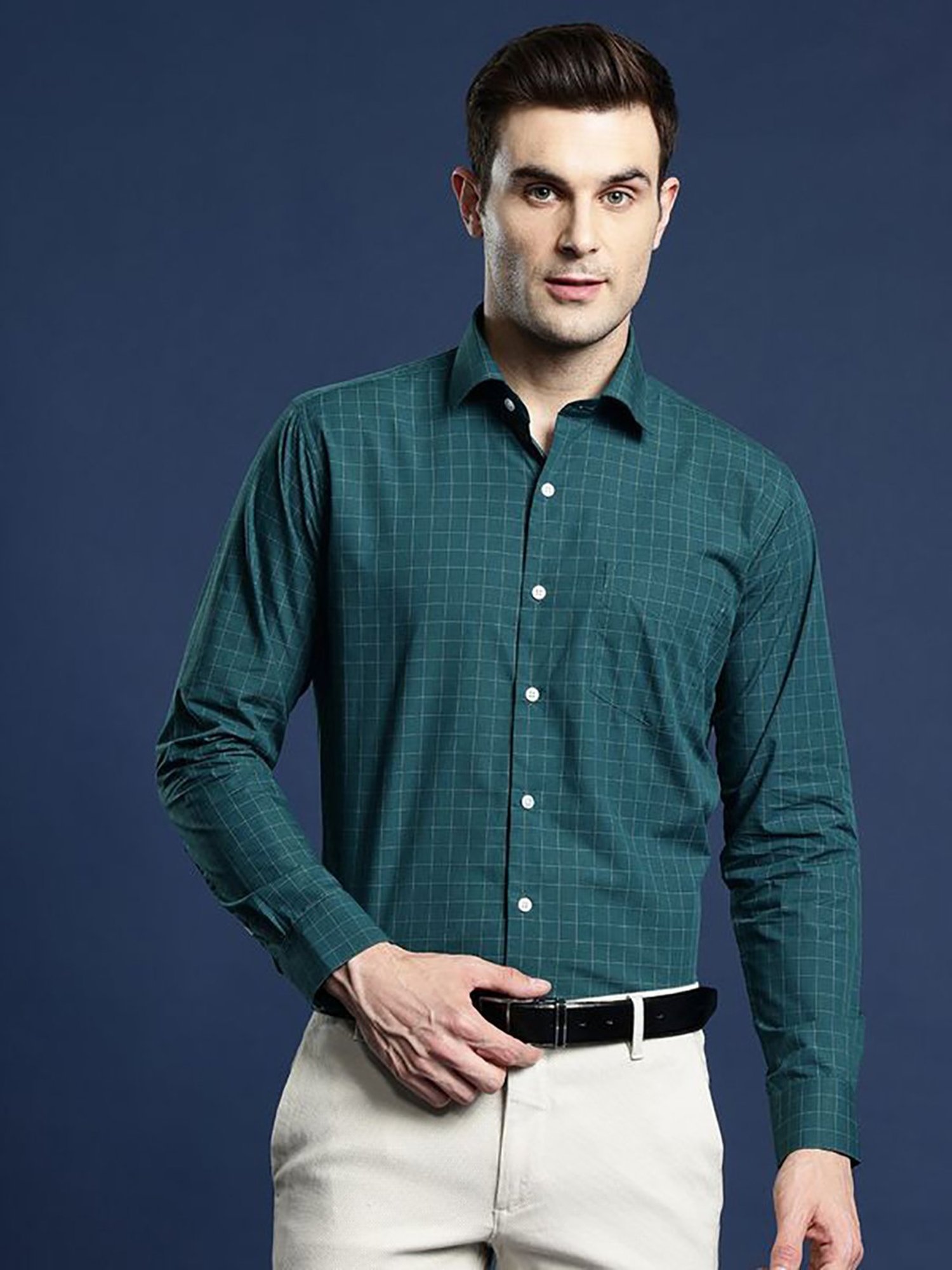 Hancock Green Cotton Slim Fit Checks Shirts