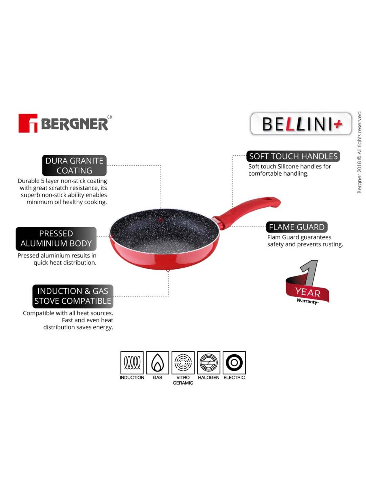Bergner Bellini Plus Red Pressed Aluminium 28 cm Diameter Fry Pan (2.5 L) - Set of 1