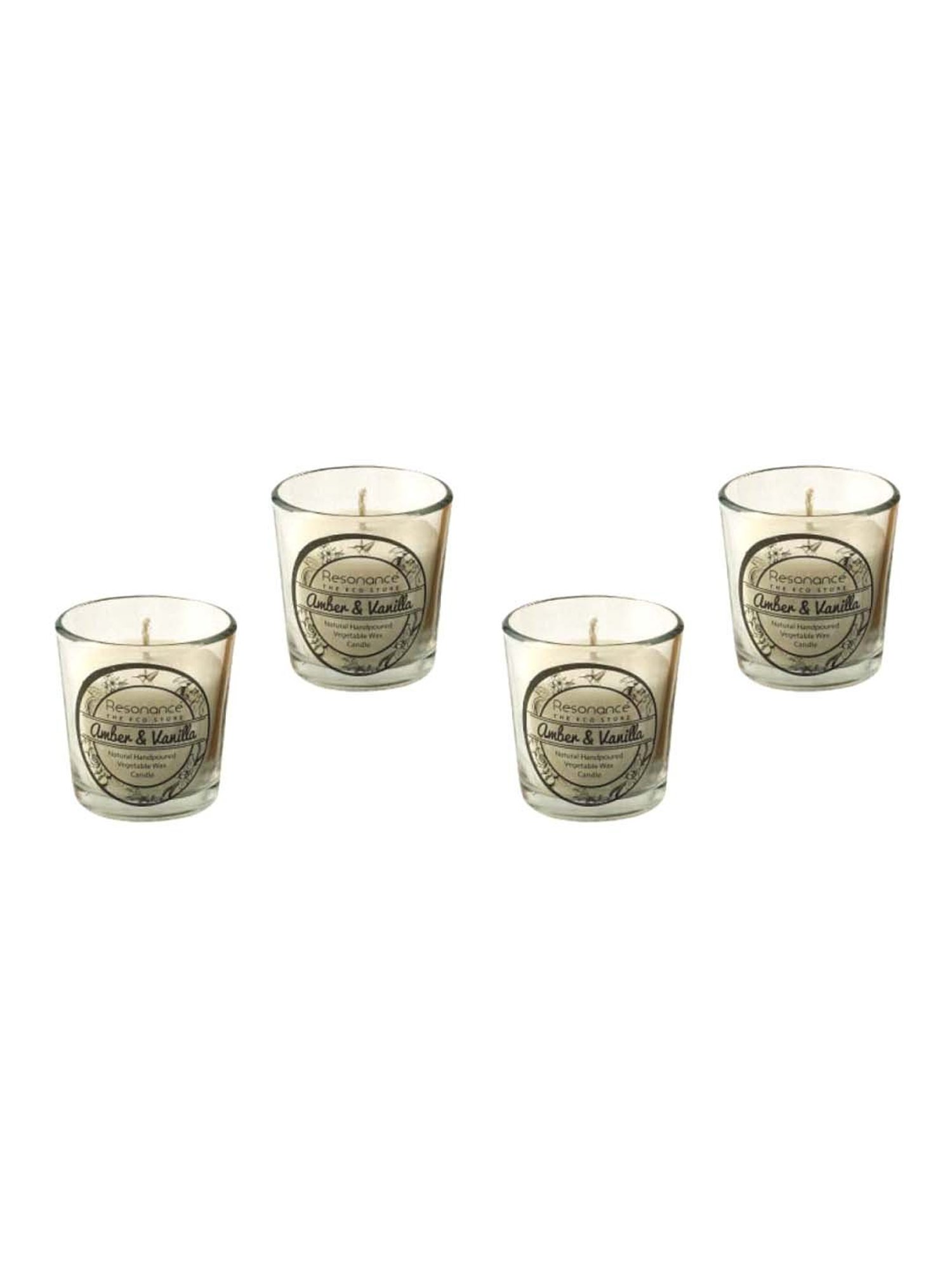 RESONANCE White Soy Wax Scented Aromatic VEGAN Candles (Amber & Vanilla) - Set of 4