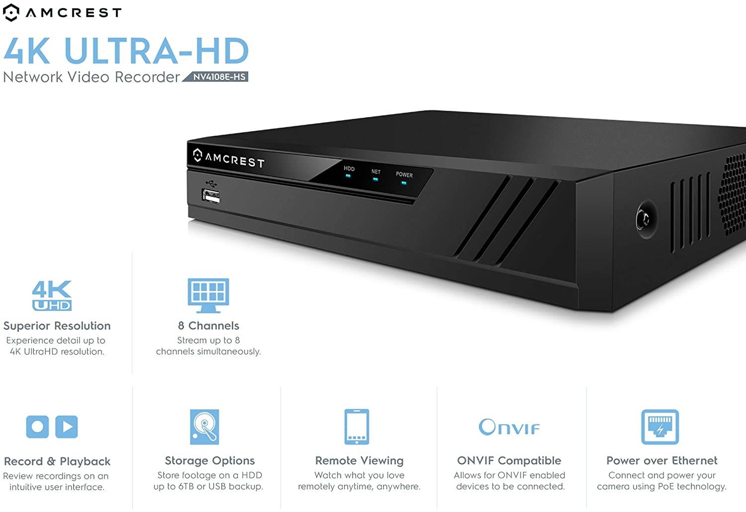 Amcrest 4K Security Camera System w/ 4K 8CH PoE NVR, (4) x 4K (8-Megapixel) IP67 Weatherproof Metal Turret Dome POE IP Cameras (3840x2160), Pre-Installed 2TB HDD, NV4108E-IP8M-T2599EW4-2TB (White)