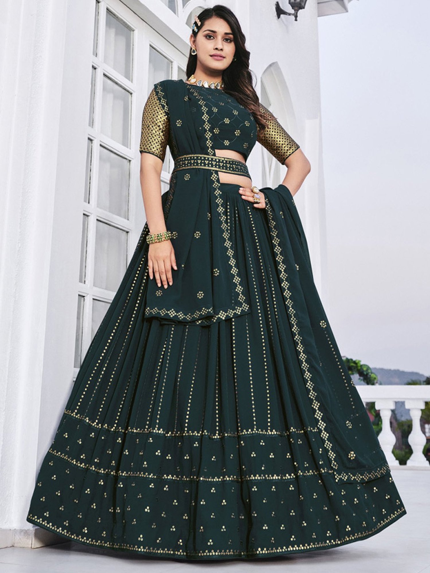SHUBHKALA Green Embellished Lehenga and Choli Set With Dupatta