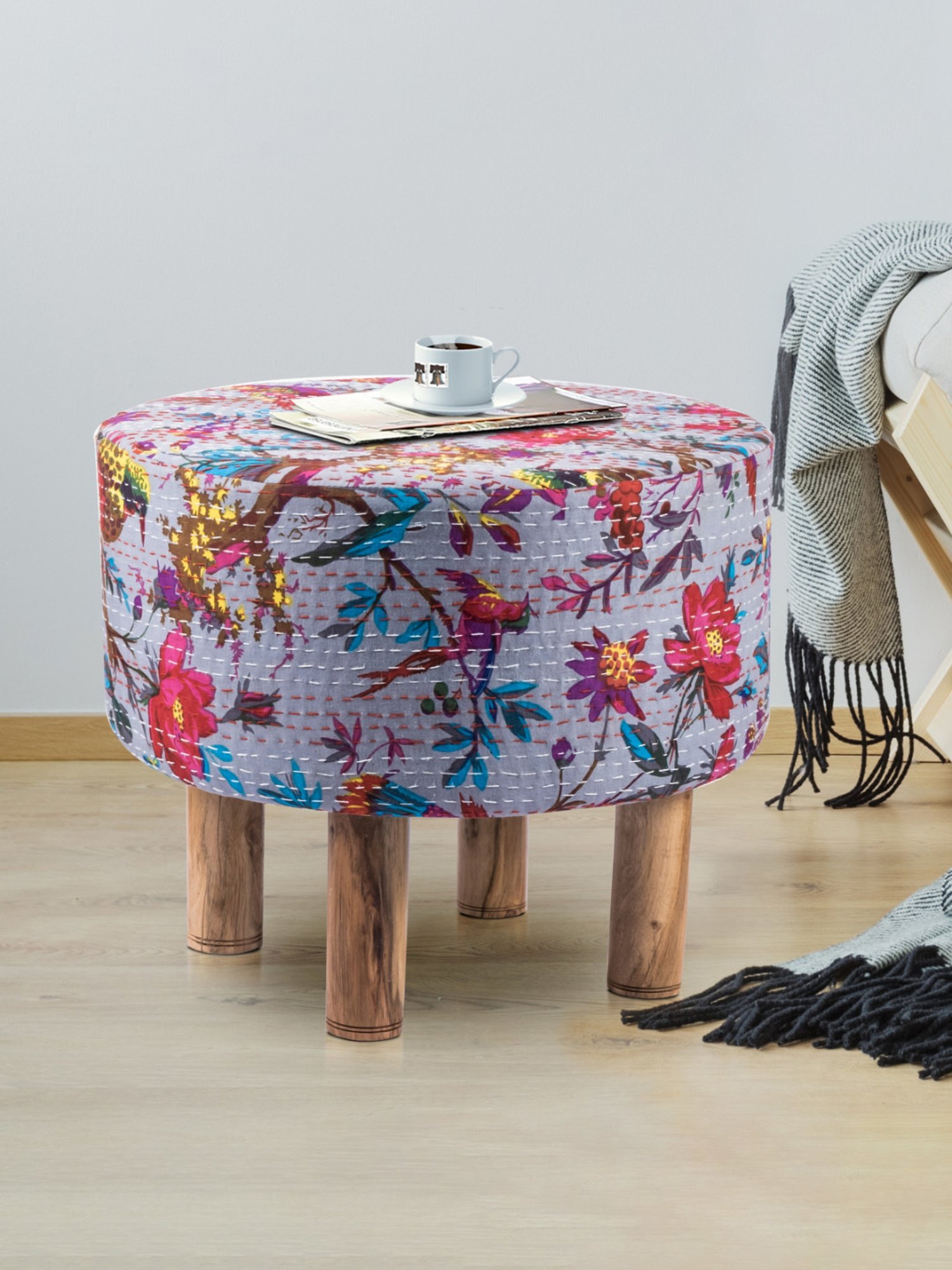 Chumbak French Sahara Solid Mustard Yellow Wood Ottoman