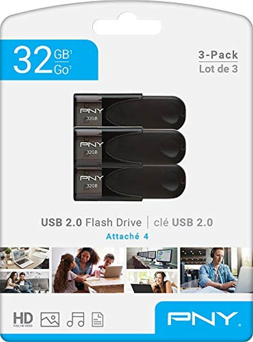 PNY Attache USB 2.0 Flash Drives, 32GB 3-Pack, Black (P-FD32GX3ATT4-GE)