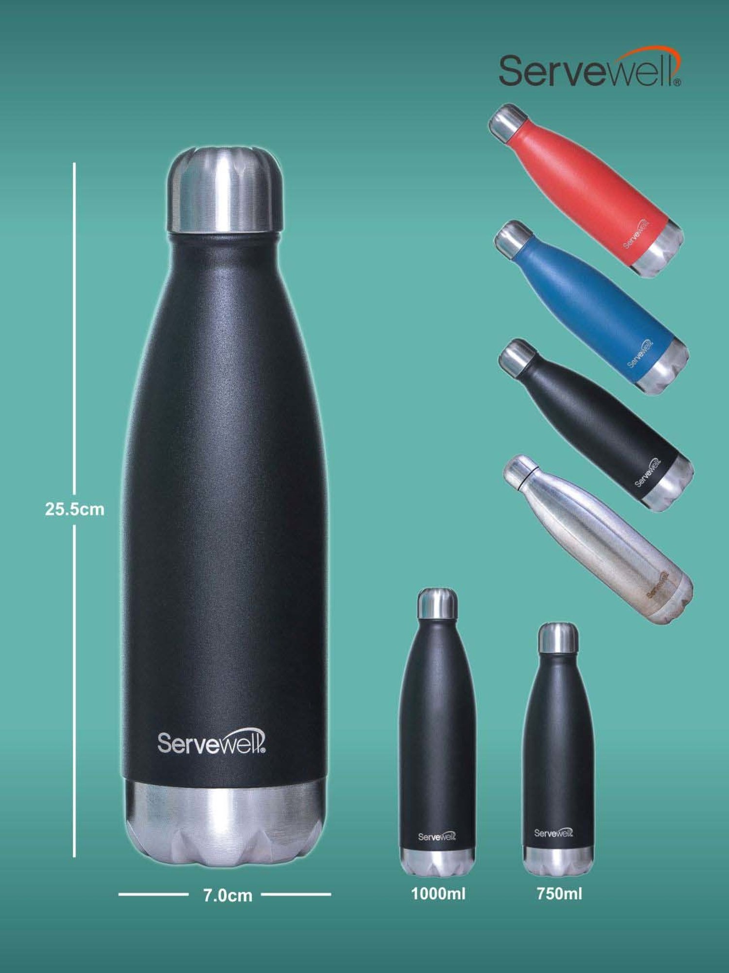Servewell Jet Black Steel Bali Single Wall Water Bottle (0.75 L)