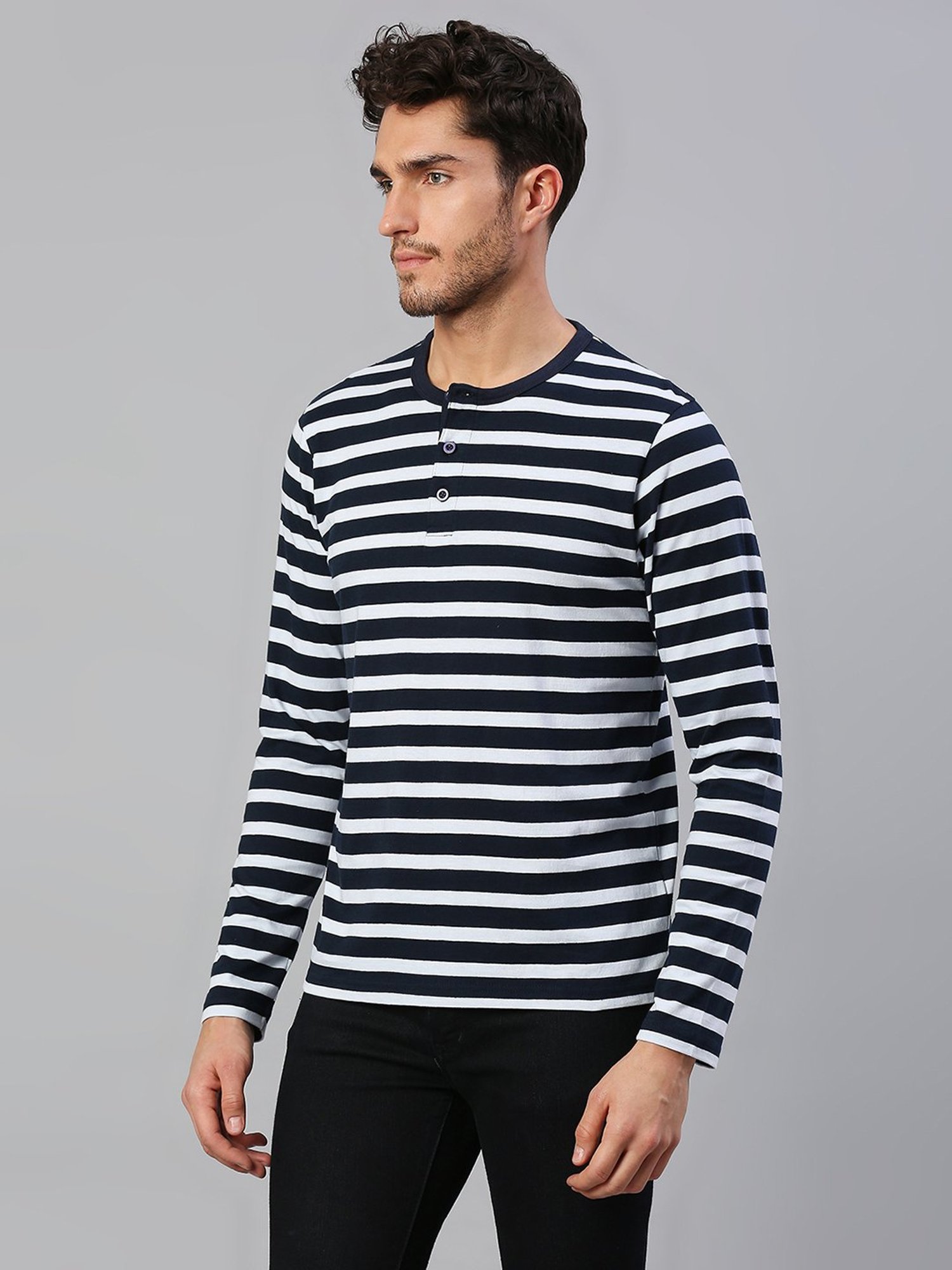Dennis Lingo Navy & White Regular Fit Henley T-Shirt