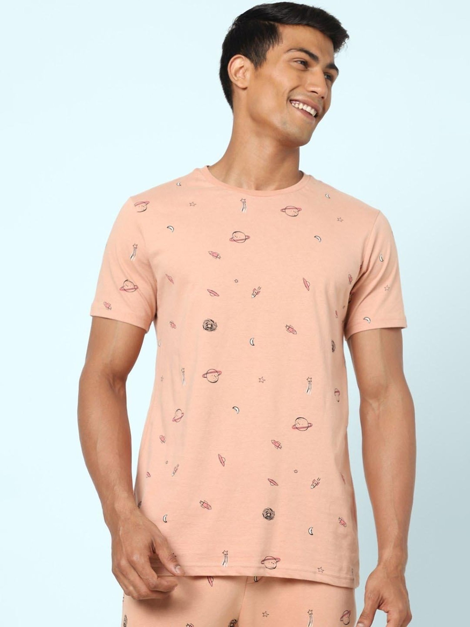 Ajile by Pantaloons Peach Cotton Slim Fit Printed Lounge T-Shirt