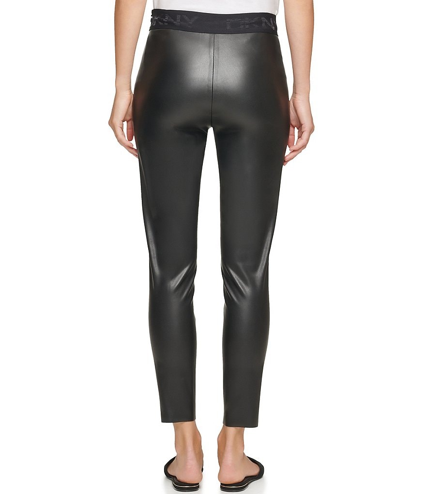 DKNY Faux Leather Contrast Logo Waist Pull-On Leggings
