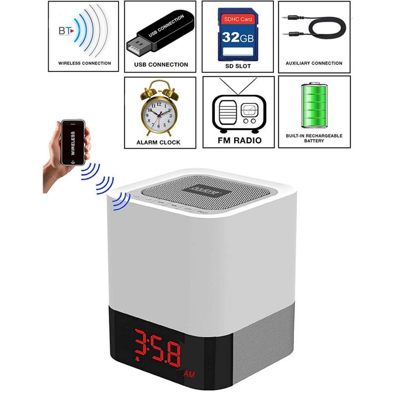 Boytone BT-83CR Portable FM Radio Alarm Clock Wireless Bluetooth 4.1 Speaker, 3-Way Night Light Touch Lamp, Built&ndash;in 8 Hours Play Rechargeable Battery, LED, Mic, USB & Micro SD Slot, AUX, 110/220 V