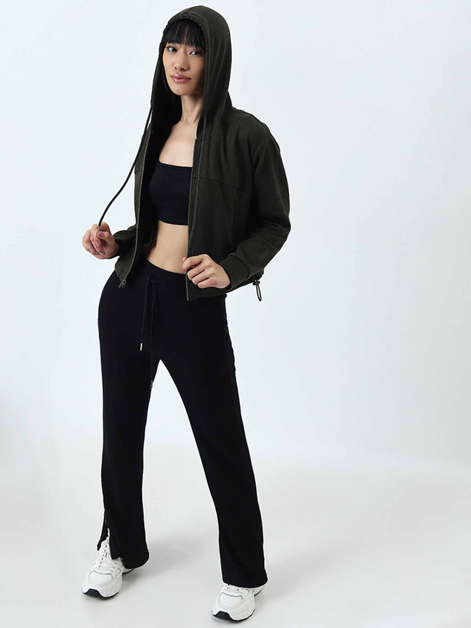 Studiofit by Westside Olive Ribbed Hoodie Jacket