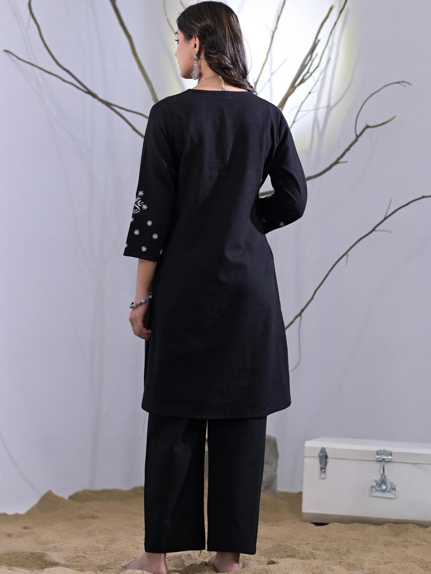 READIPRINT FASHIONS Black Embroidered Tunic Palazzo Set