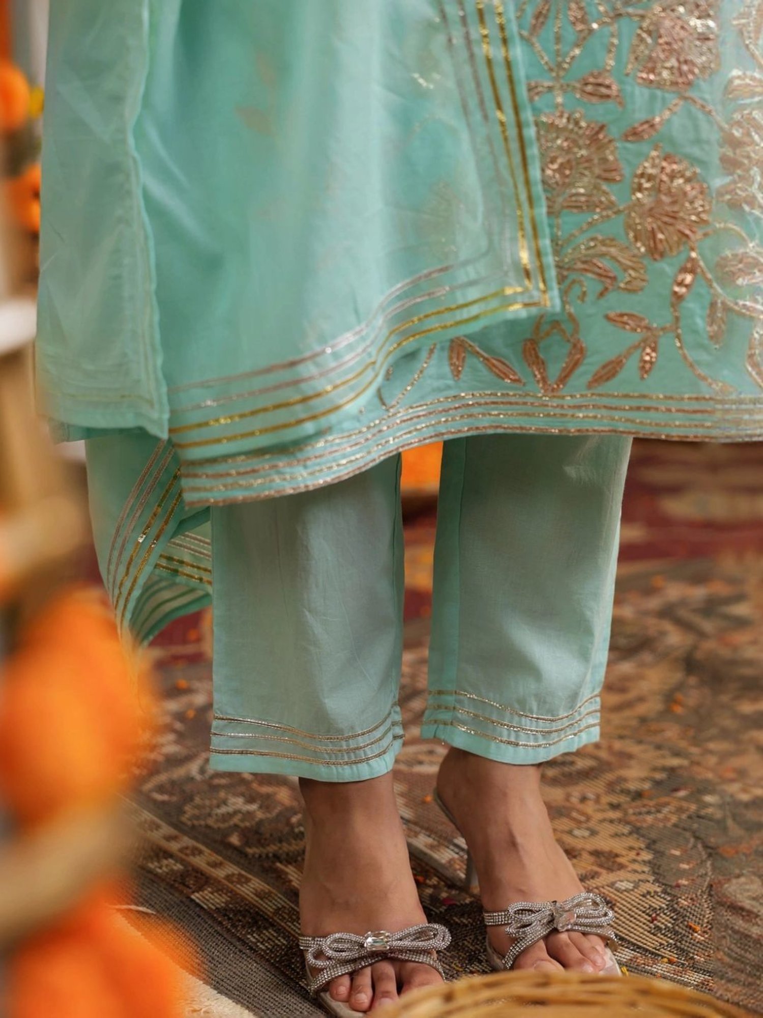 SCAKHI Turquoise Blue Cotton Gota Work Kurta and Pant With Dupatta