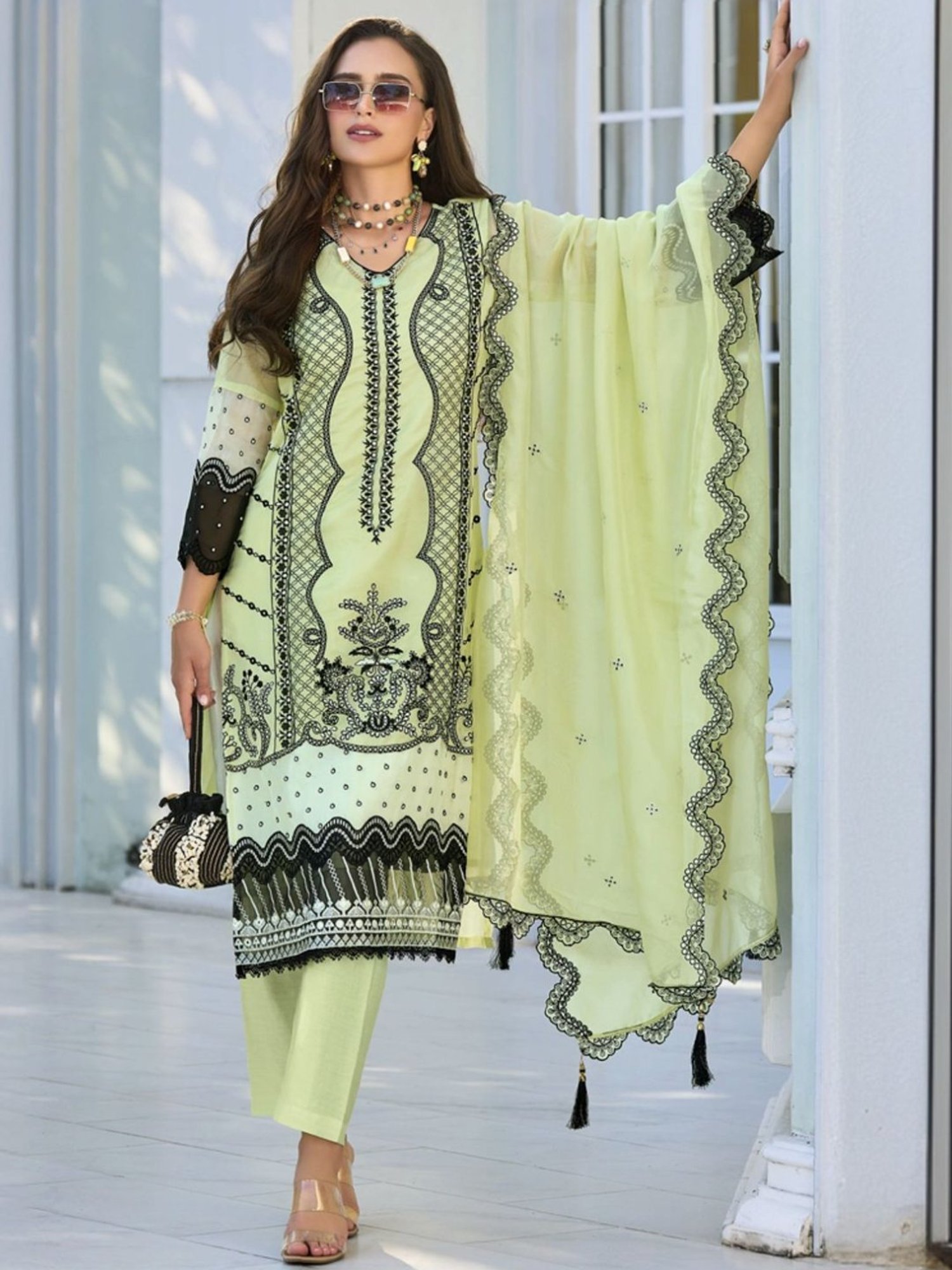 Autumnlane Black Neelima Mint Full Embroidered Heavy Pakistani Kurta with Pant and Dupatta