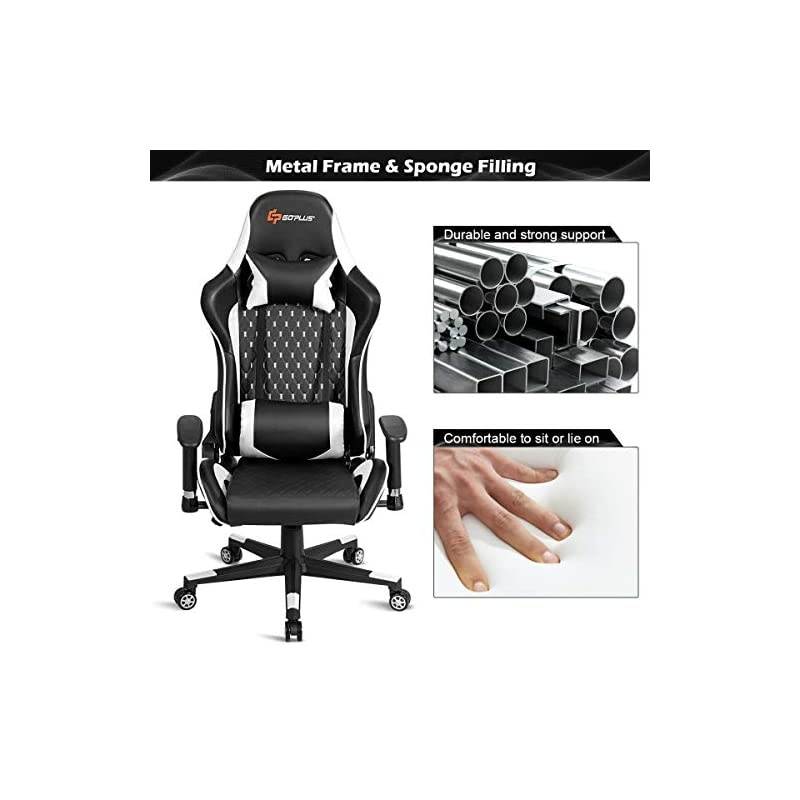 Massage Gaming Chair, Reclining Backrest Handrails and Seat Height Adjustment Racing Computer Office Chair, Ergonomic High Back Embroidered PU Swivel Game Chair with Headrest and Lumbar Cushion