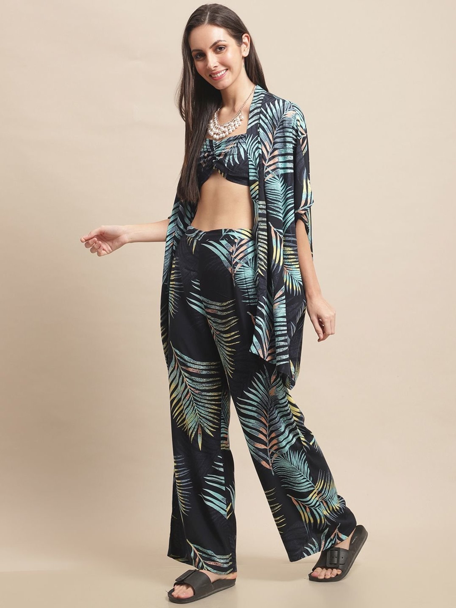 Claura Navy Printed Crop Top Pyjama With Robe Beachwear Set