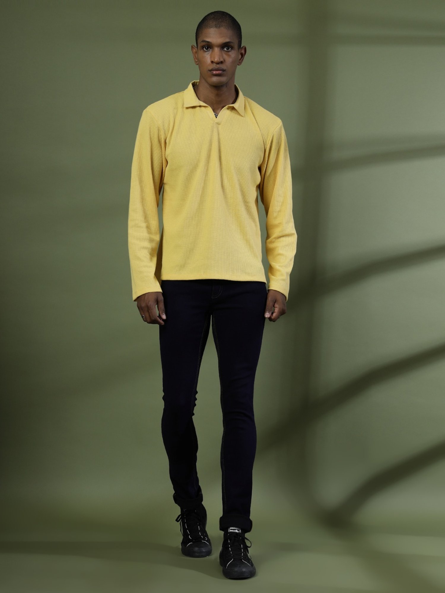 Rigo Yellow Cotton Boxy Fit Texture Polo T-Shirt