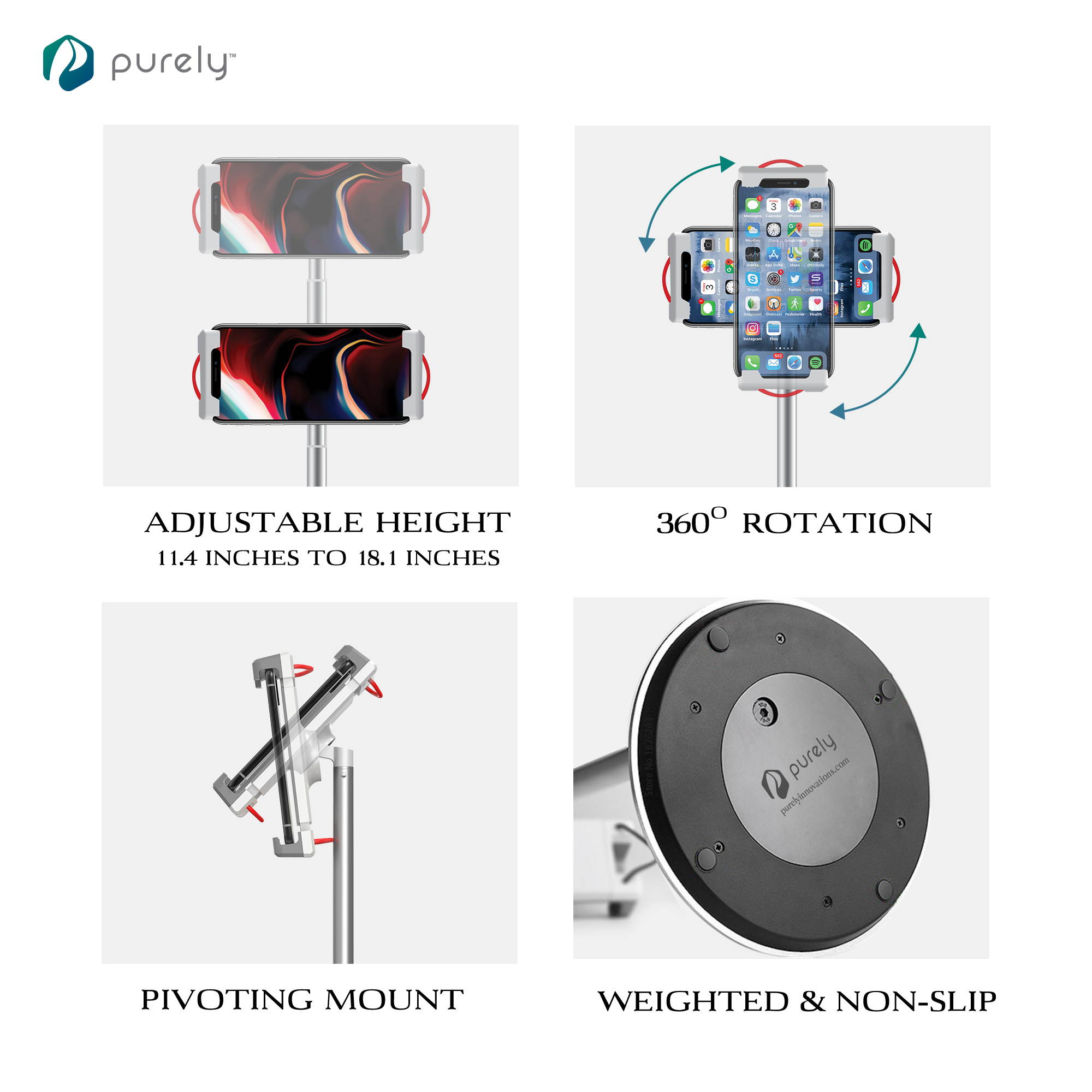 Purely Adjustable Phone and Tablet Stand | Holder for Desk with Clamp for iPhone, iPad, Android, and Tablets - Full 360&deg; Motion and Weighted Base, Adjustable Height from 11"-18" &ndash; White