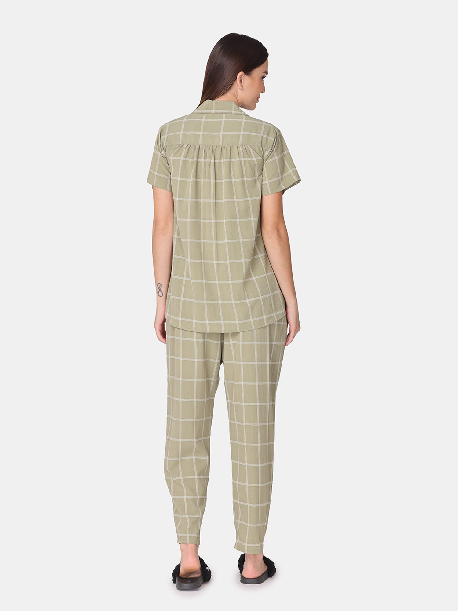 The Mom Store Green Check Feeding Shirt With Pyjamas