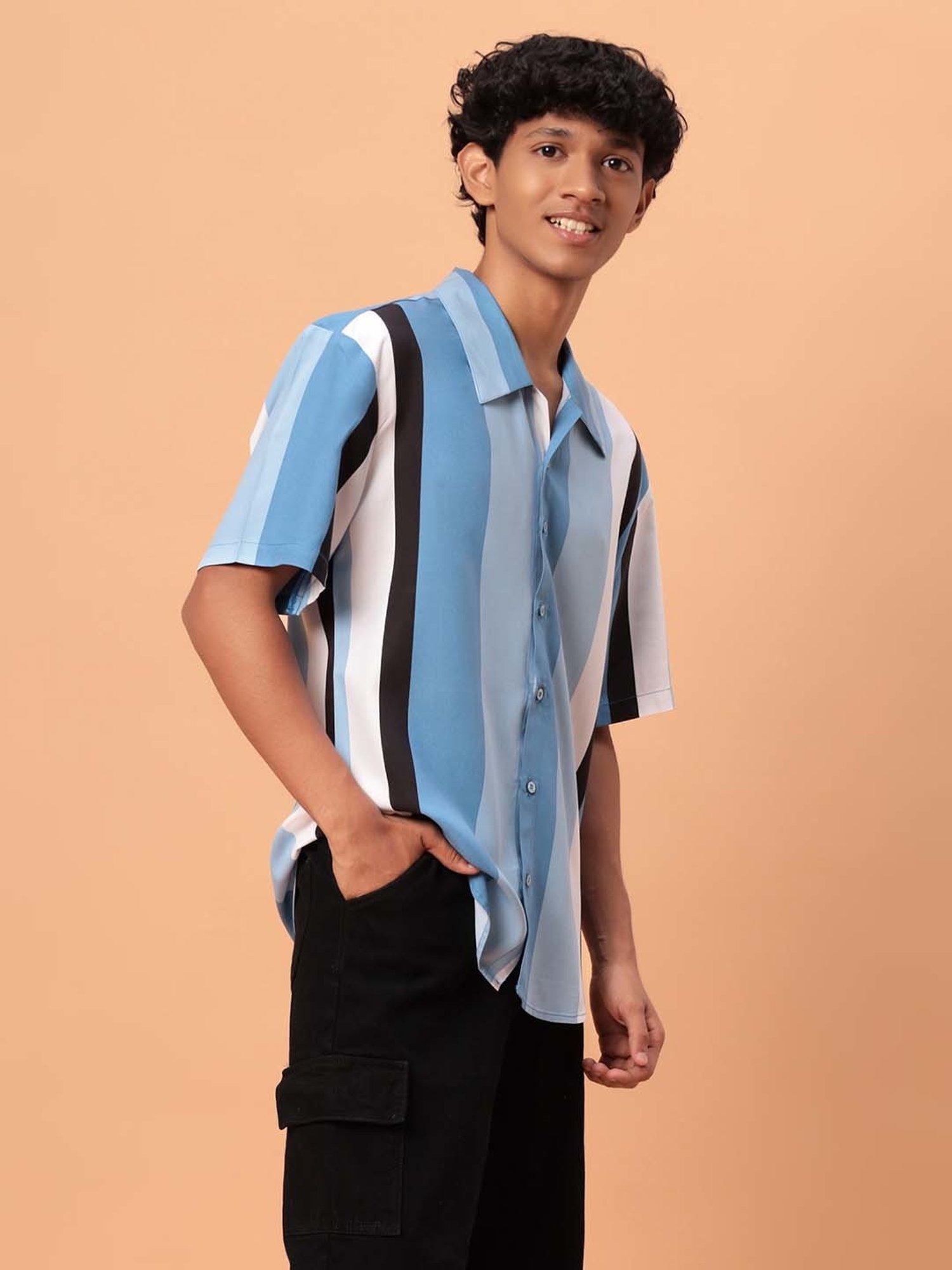 TeenTrums Kids Blue & White Cotton Striped Shirt