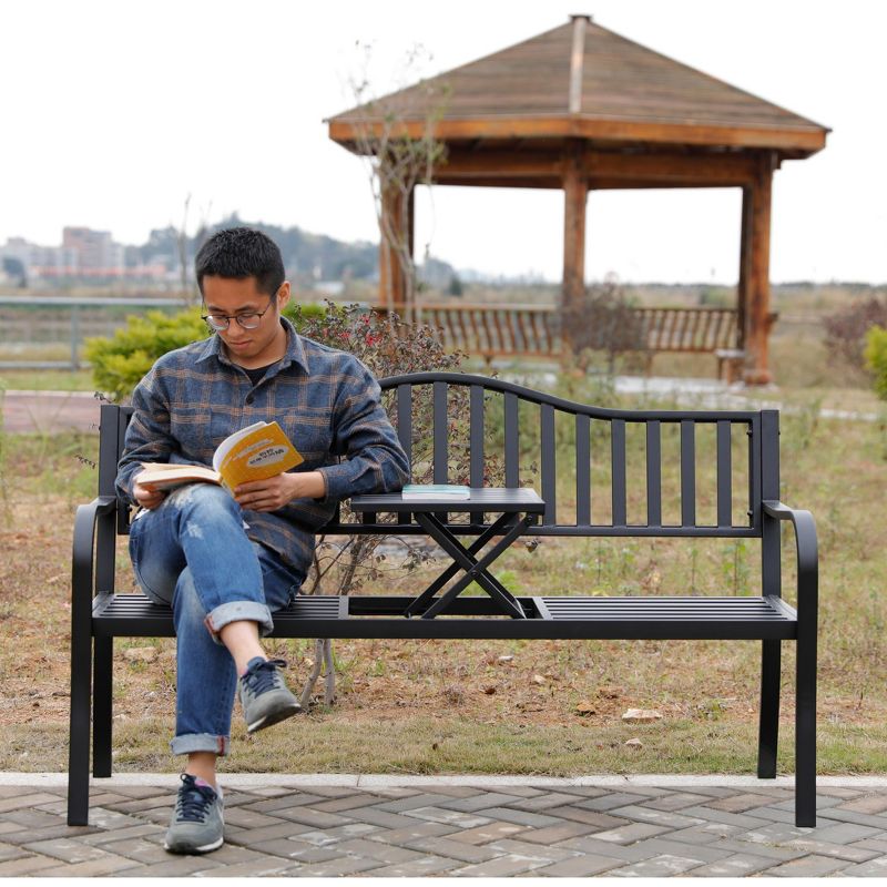 Gardenised Powder Coated Black Steel Patio Garden Park Yard Bench with Middle Table