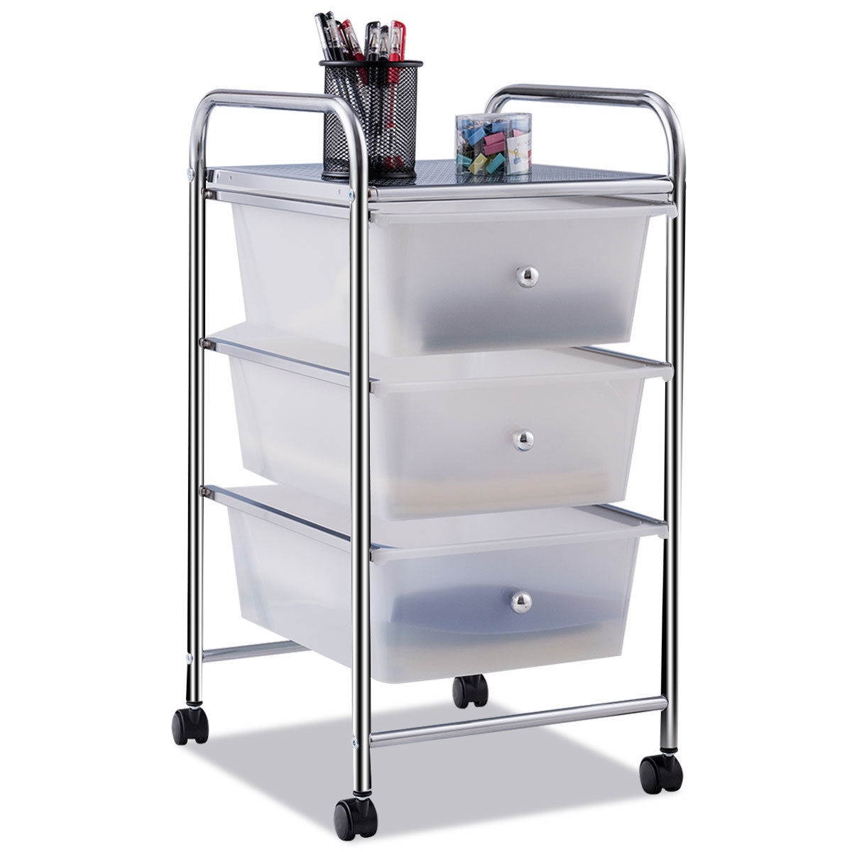Costway 3 Drawers Metal Rolling Storage Cart Scrapbook Supply & Paper Home Office White