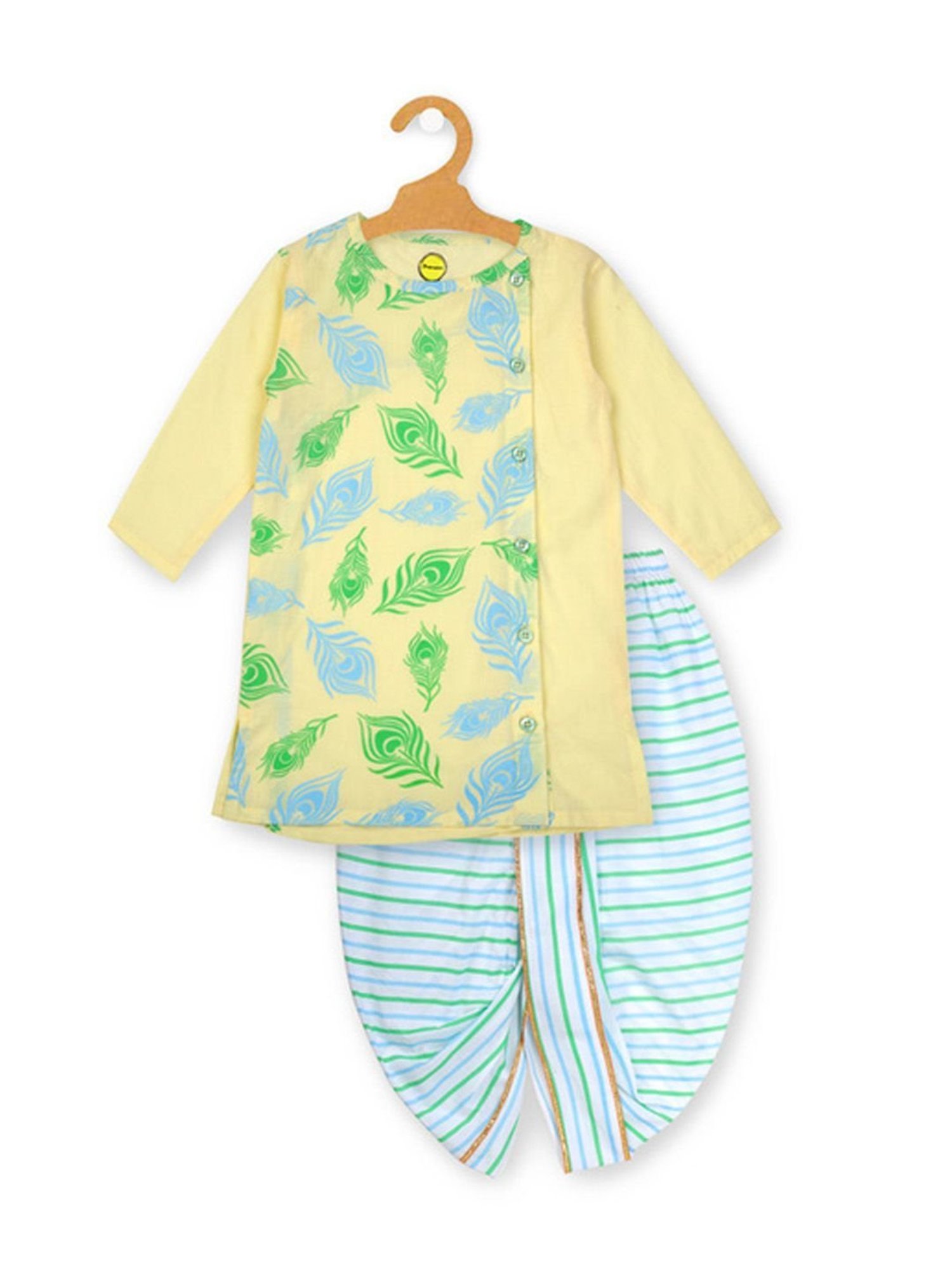 Pranava organics Kids Yellow & White Printed Full Sleeves Kurta Set